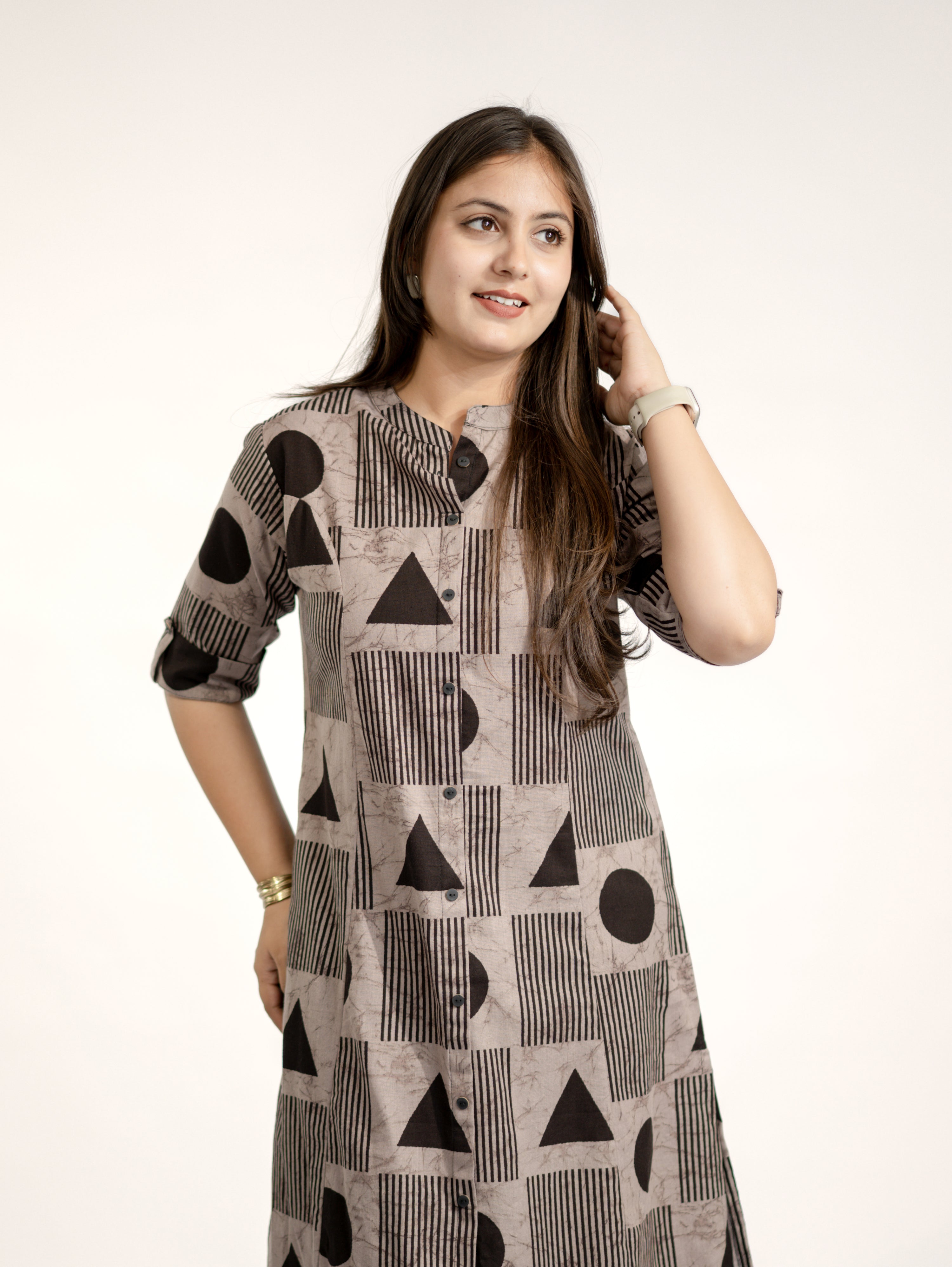 Hazel Grey Geometric A-line Cotton Kurta Set