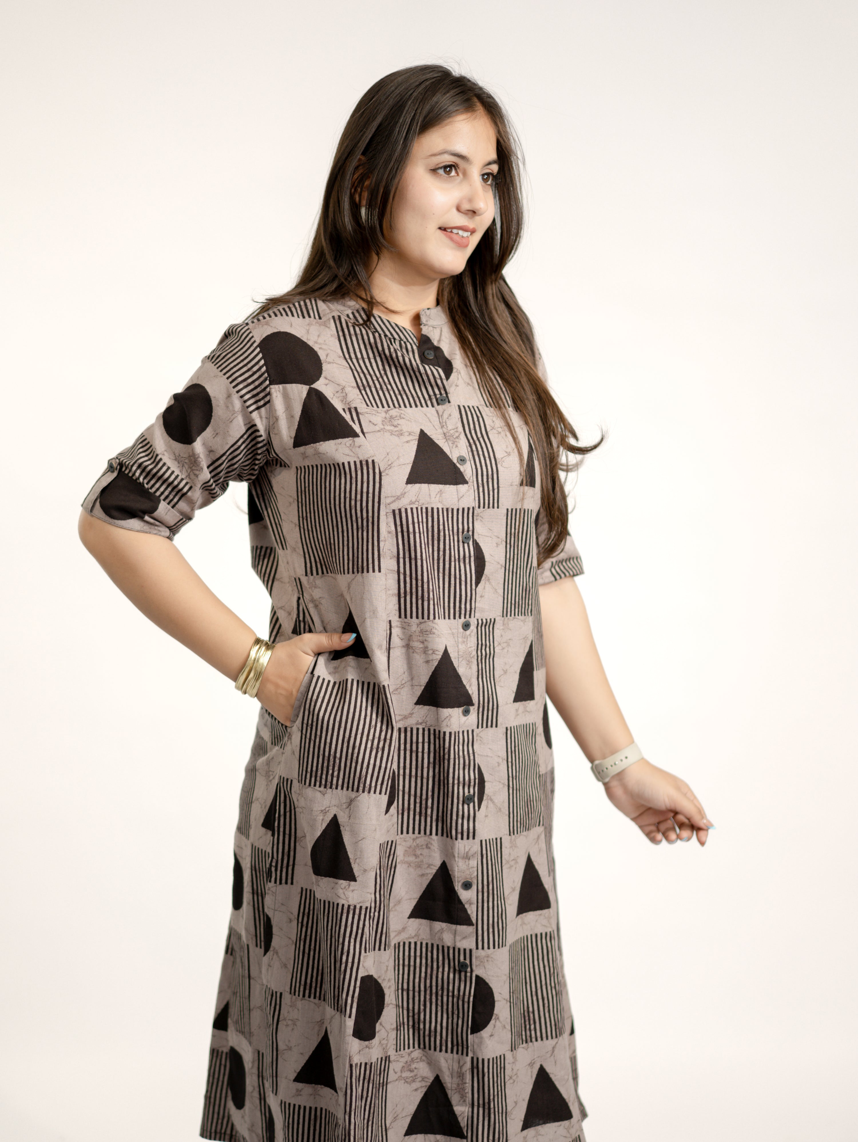 Hazel Grey Geometric A-line Cotton Kurta Set