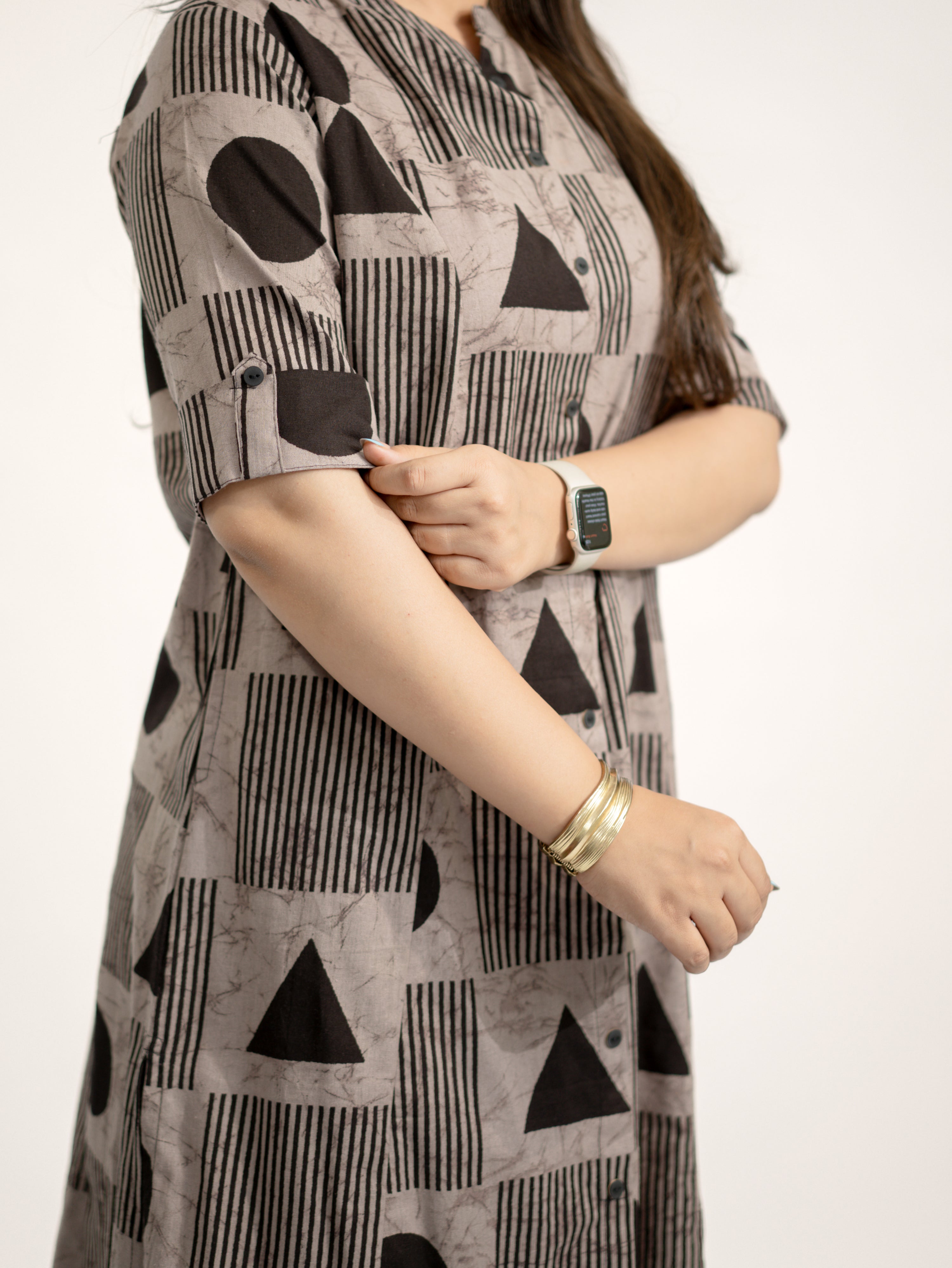 Hazel Grey Geometric A-line Cotton Kurta Set