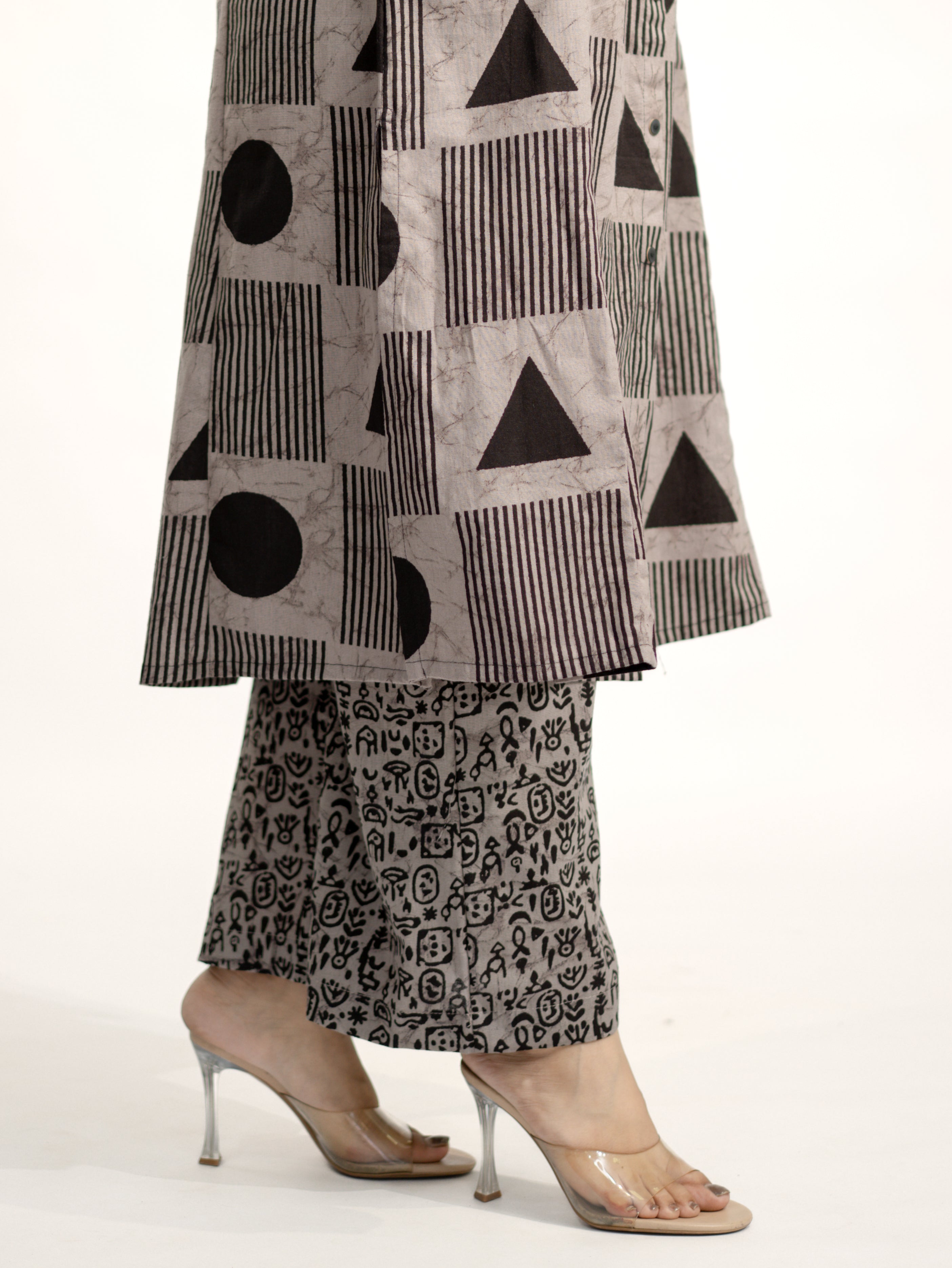 Hazel Grey Geometric A-line Cotton Kurta Set