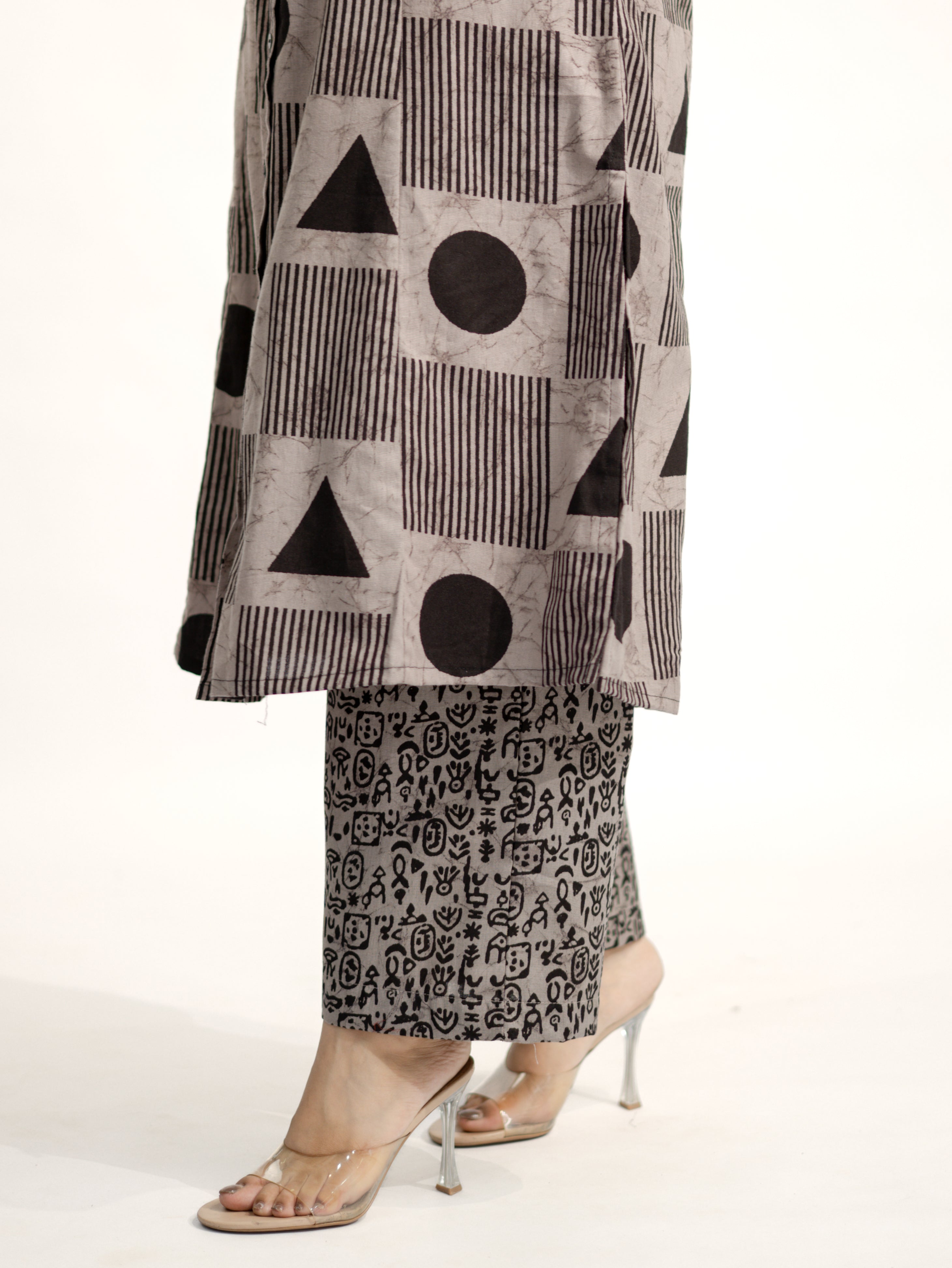 Hazel Grey Geometric A-line Cotton Kurta Set
