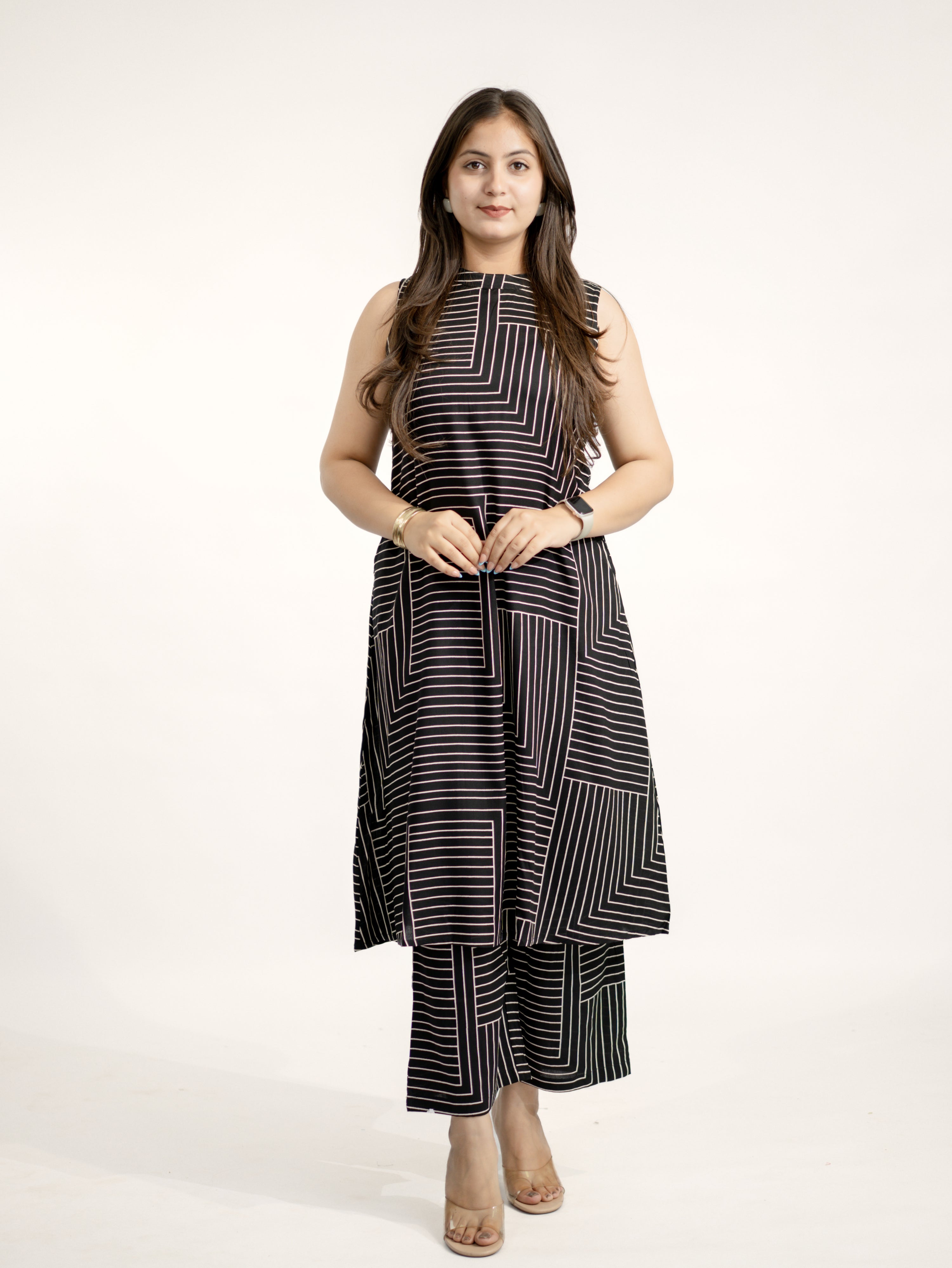 Black Rayon Strips Print A-line Coord Set