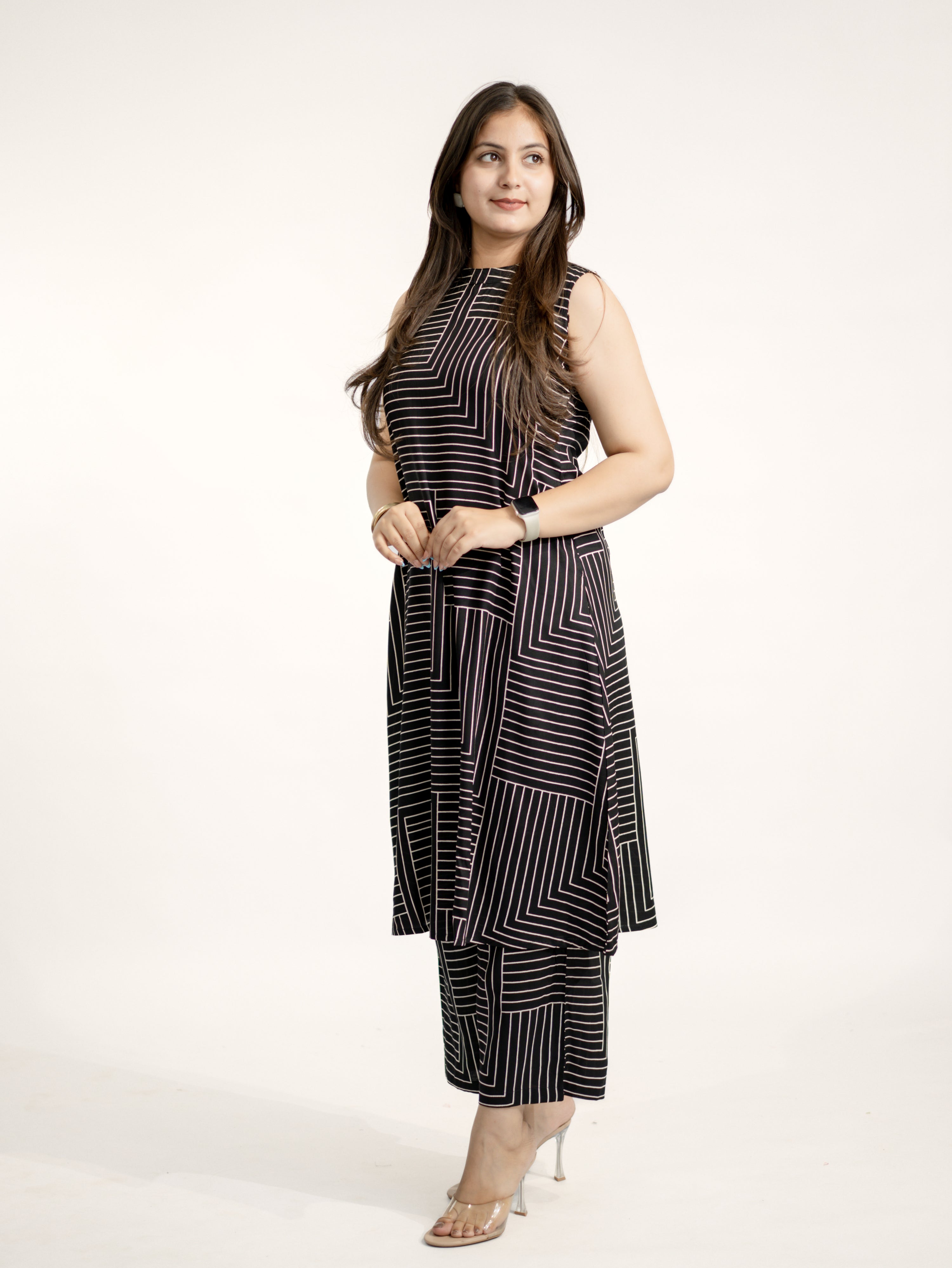 Black Rayon Strips Print A-line Coord Set