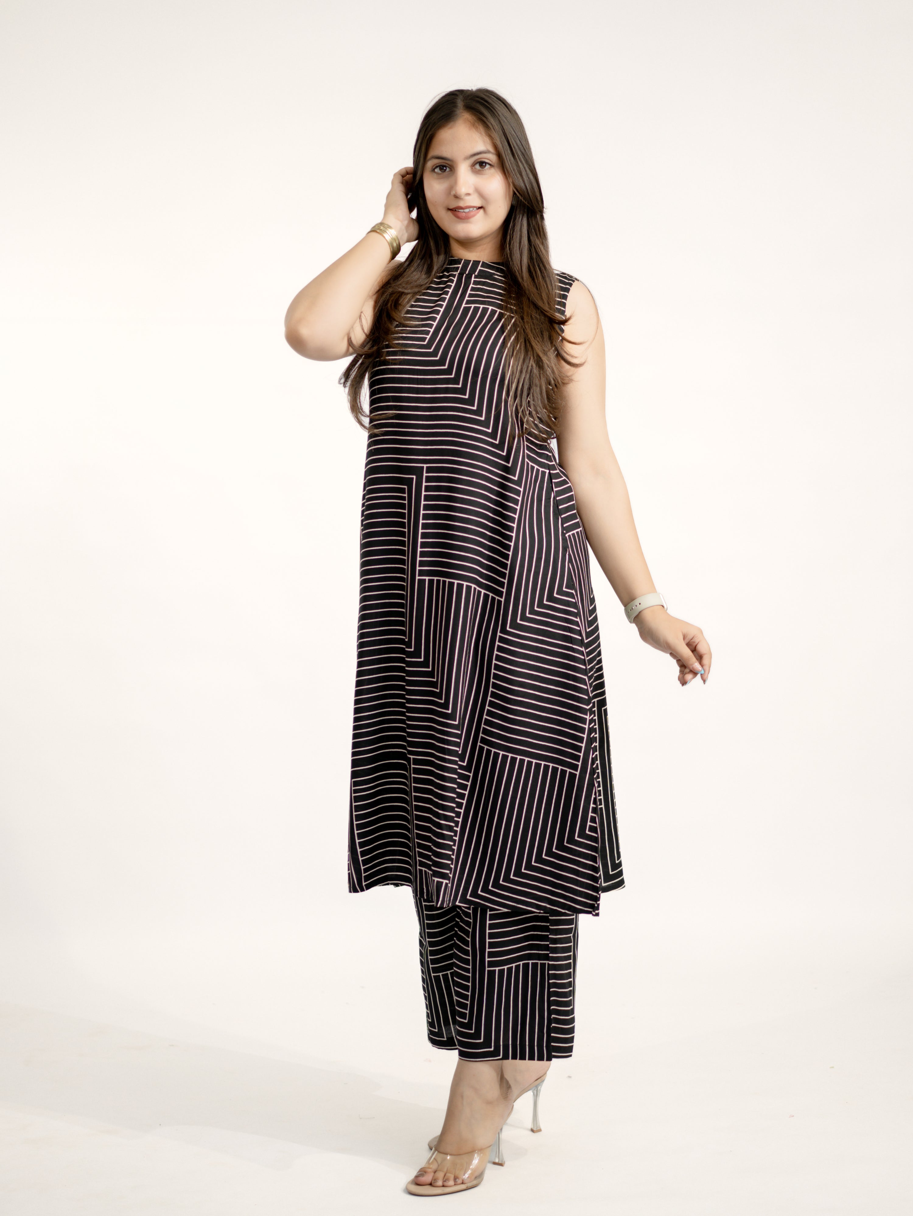 Black Rayon Strips Print A-line Coord Set