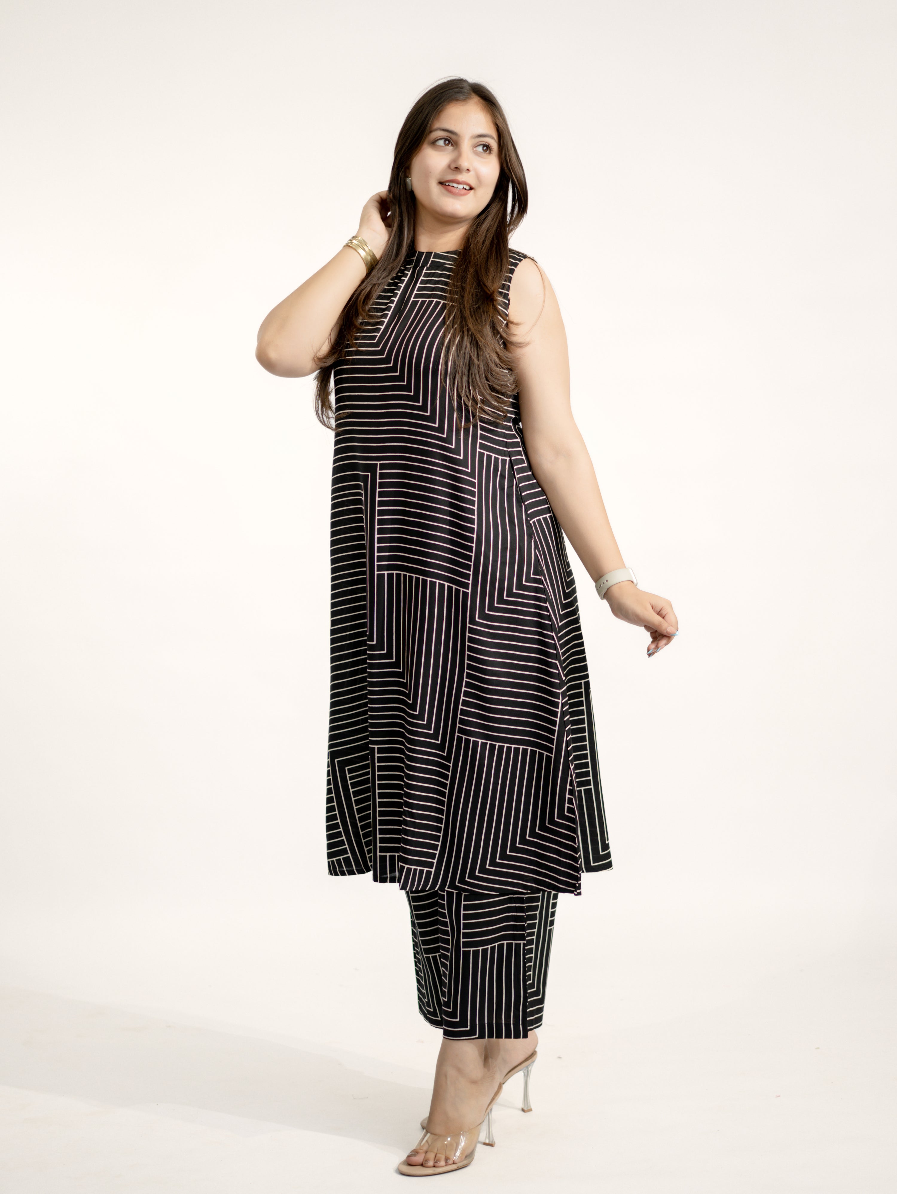 Black Rayon Strips Print A-line Coord Set