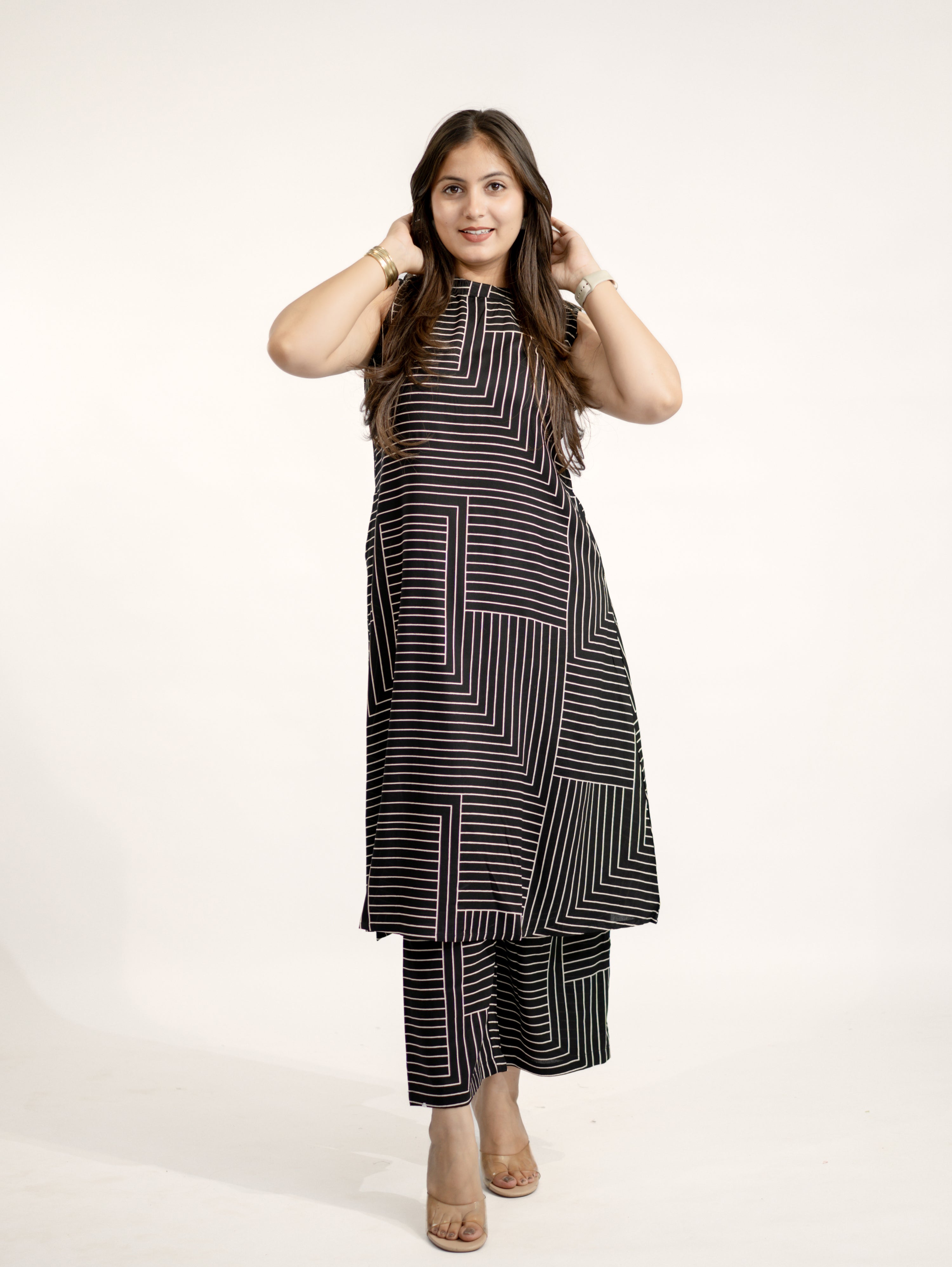 Black Rayon Strips Print A-line Coord Set