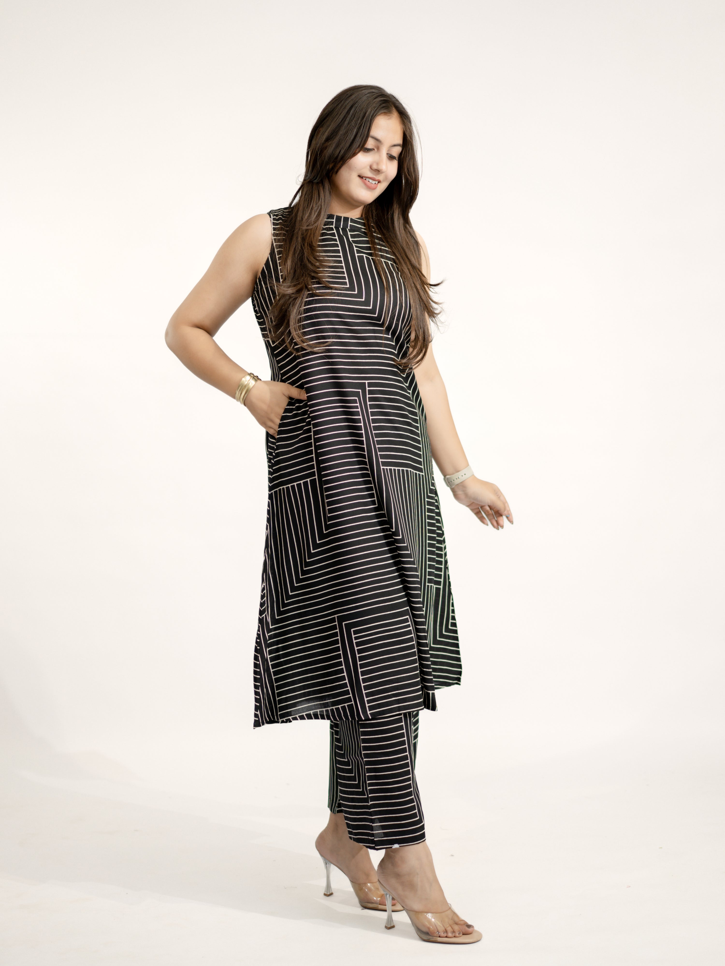 Black Rayon Strips Print A-line Coord Set