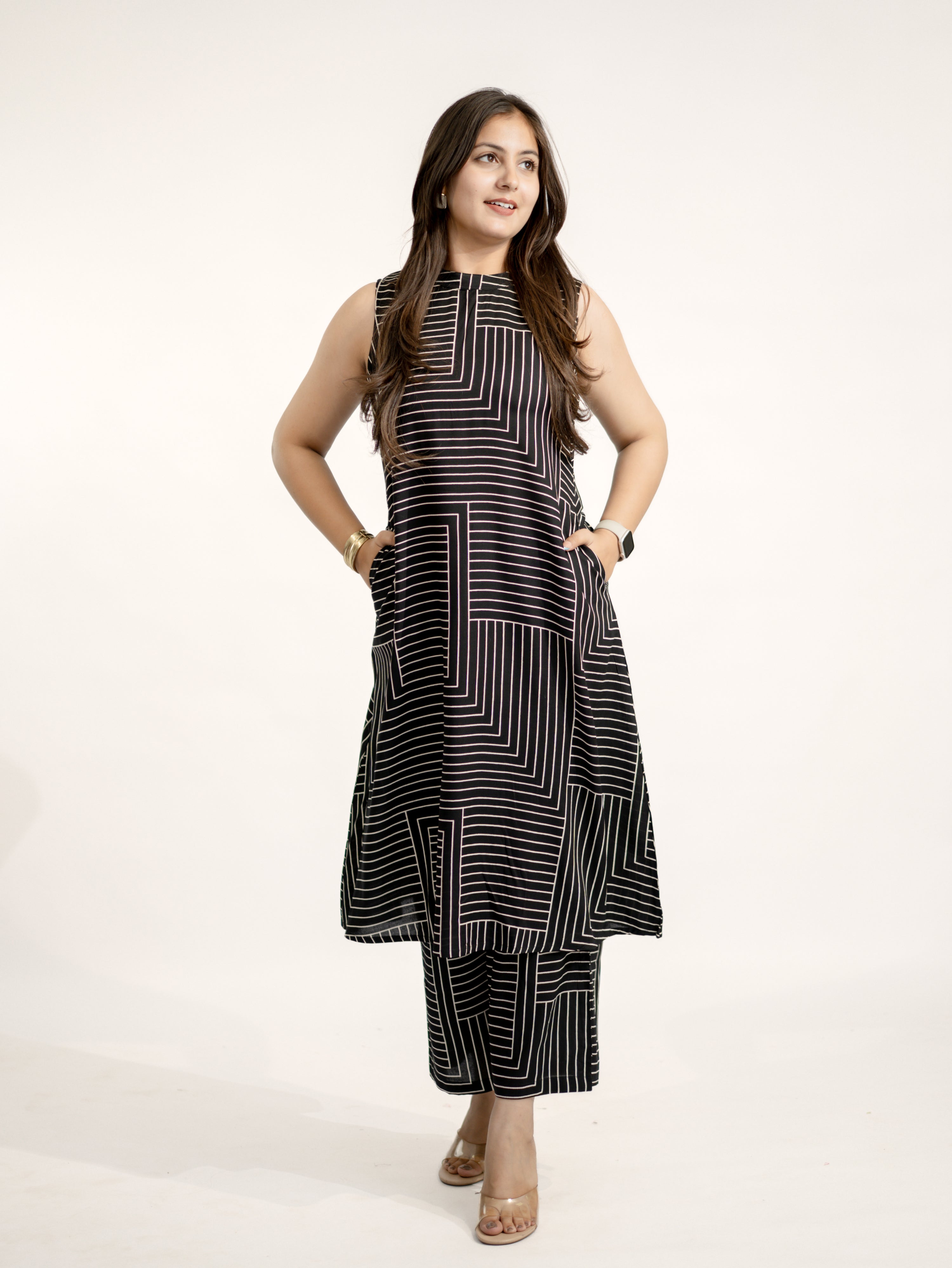 Black Rayon Strips Print A-line Coord Set
