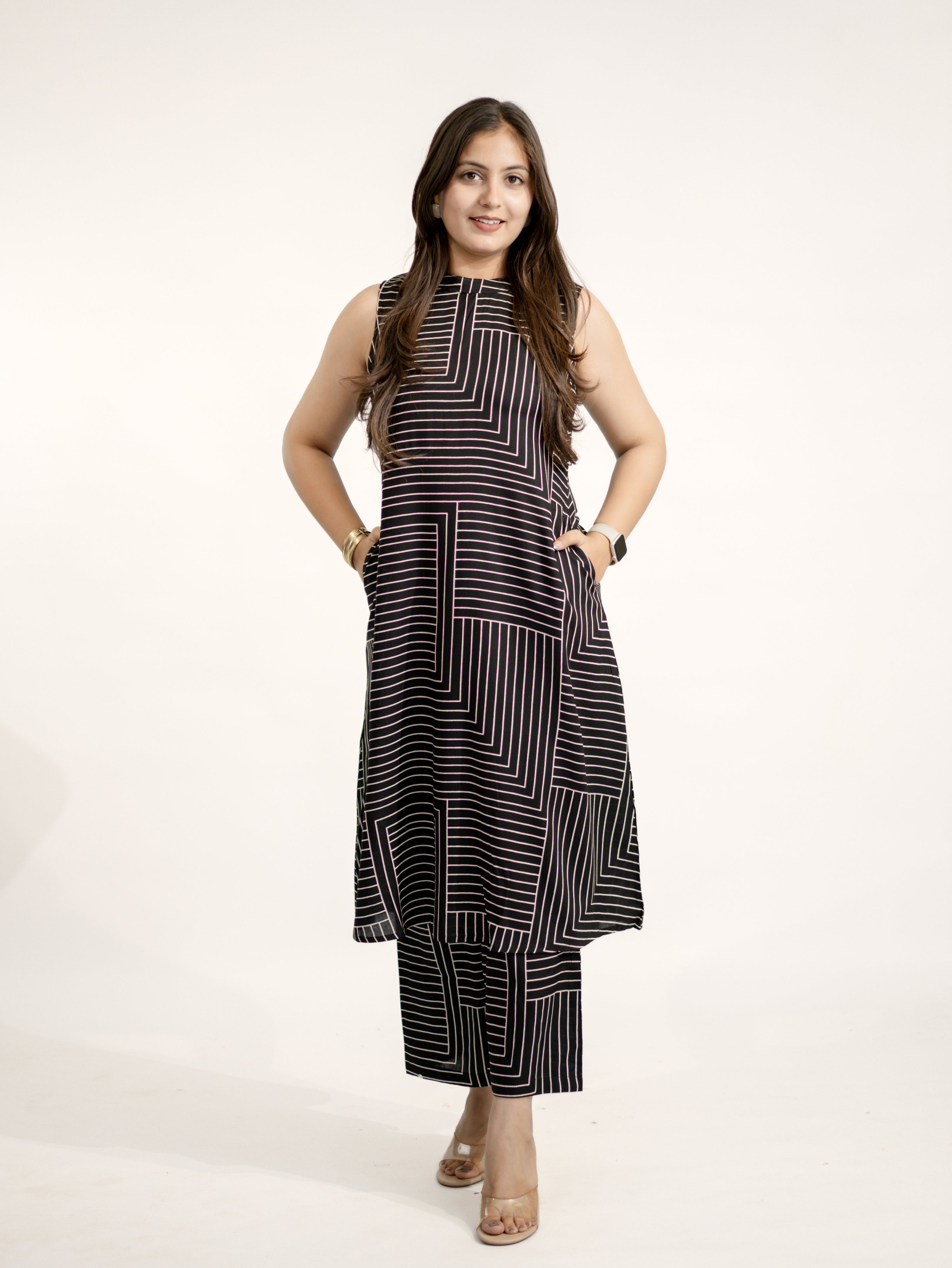 Black Rayon Strips Print A-line Coord Set