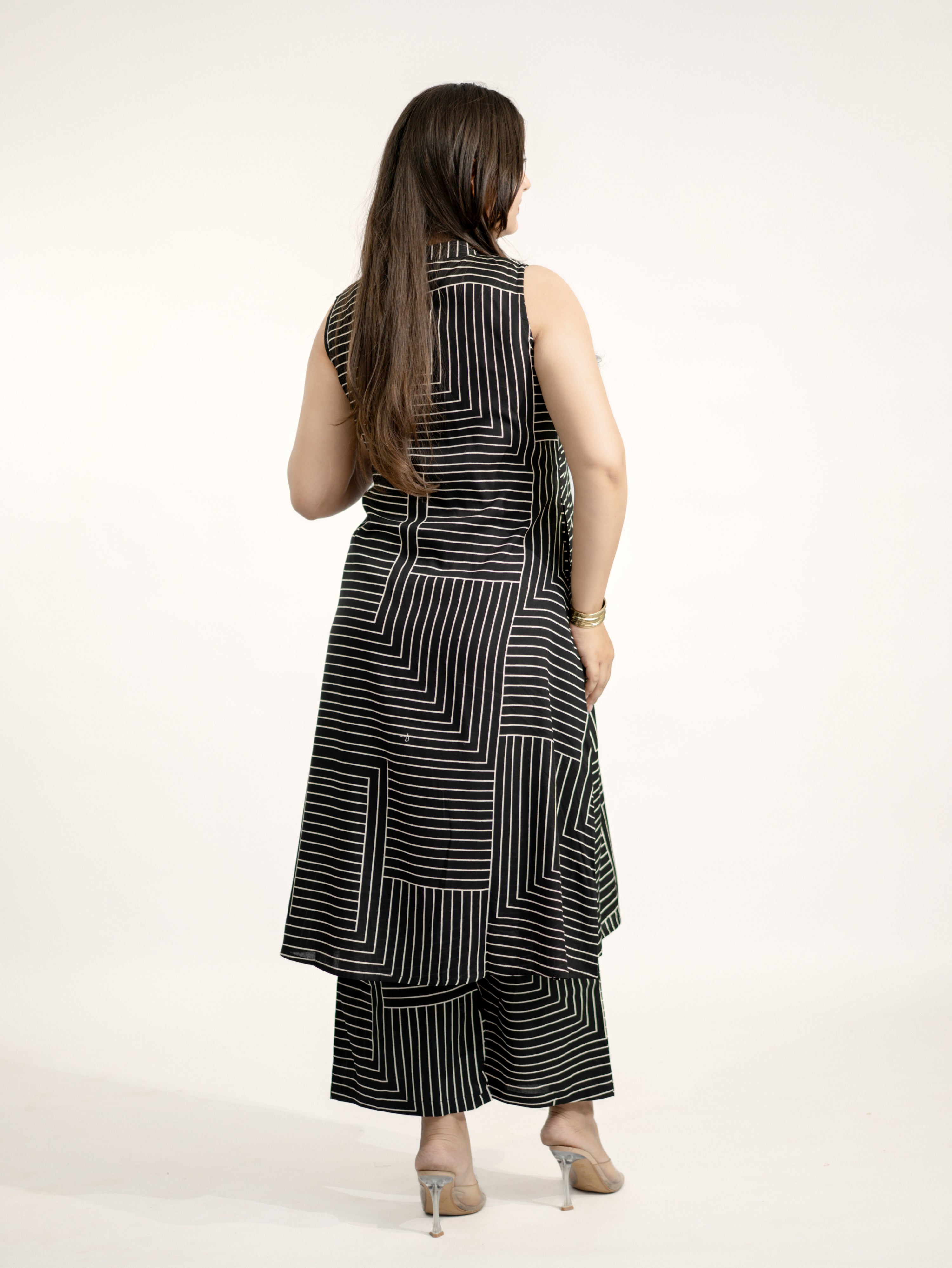 Black Rayon Strips Print A-line Coord Set