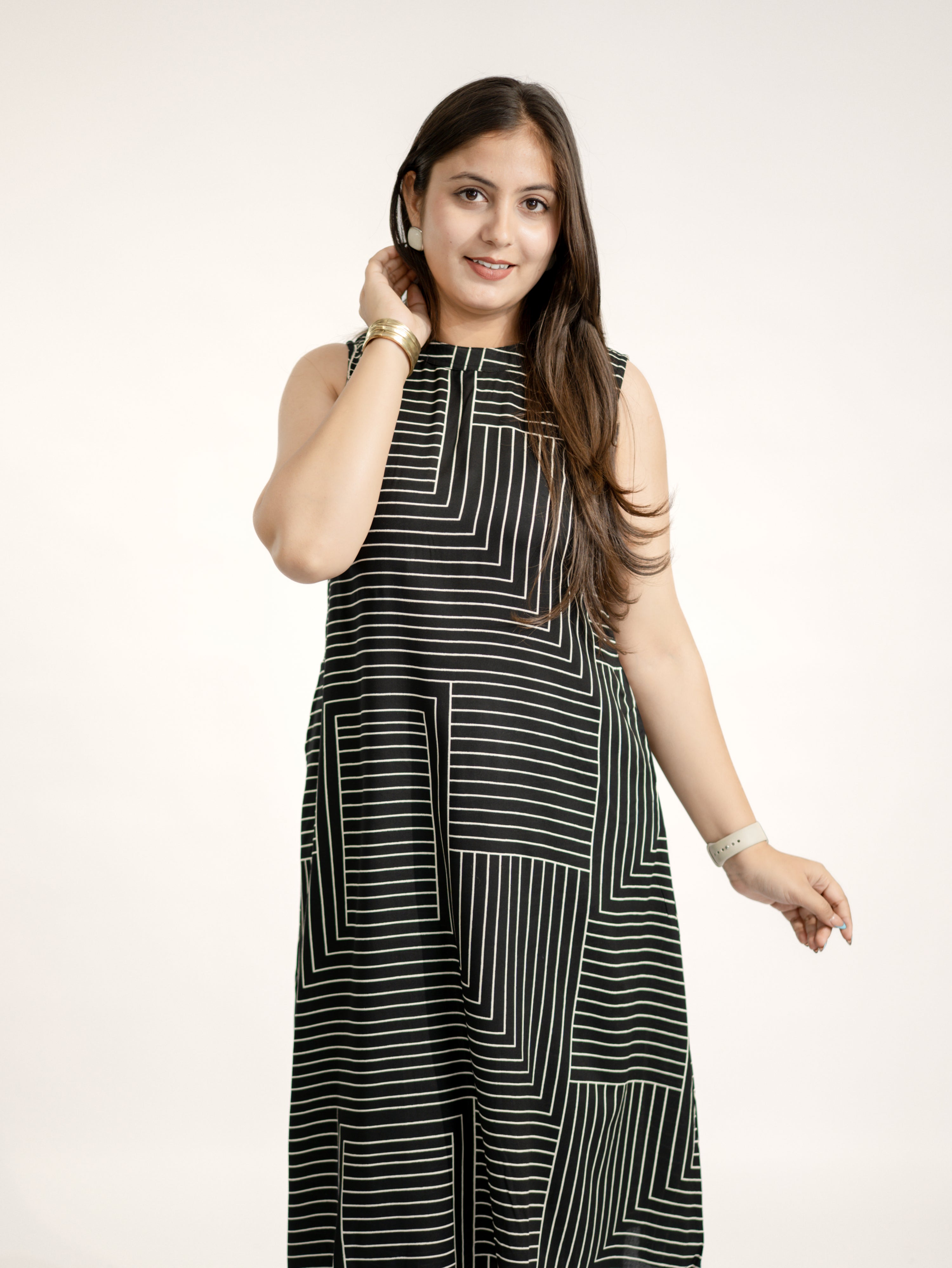 Black Rayon Strips Print A-line Coord Set