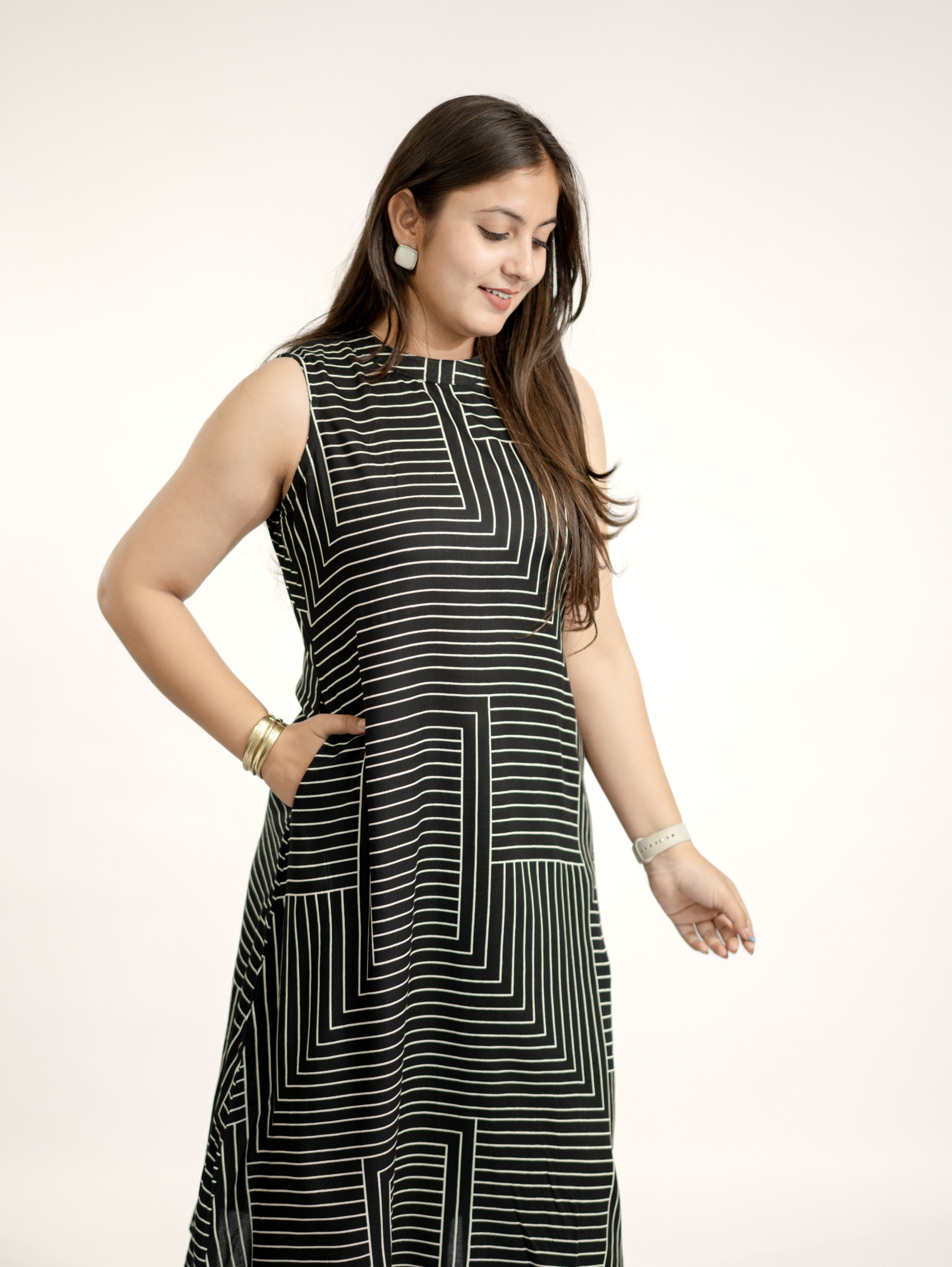 Black Rayon Strips Print A-line Coord Set