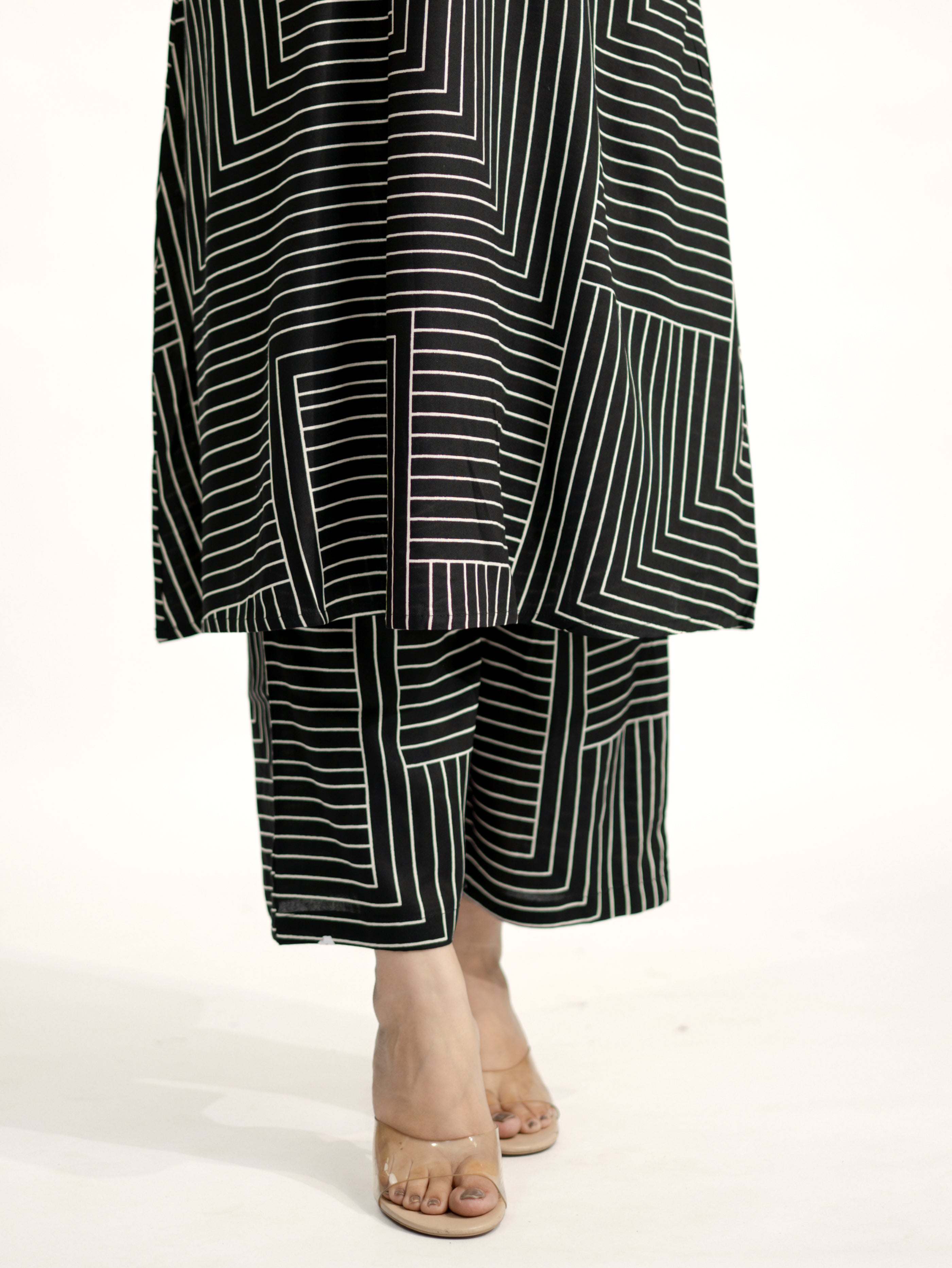 Black Rayon Strips Print A-line Coord Set