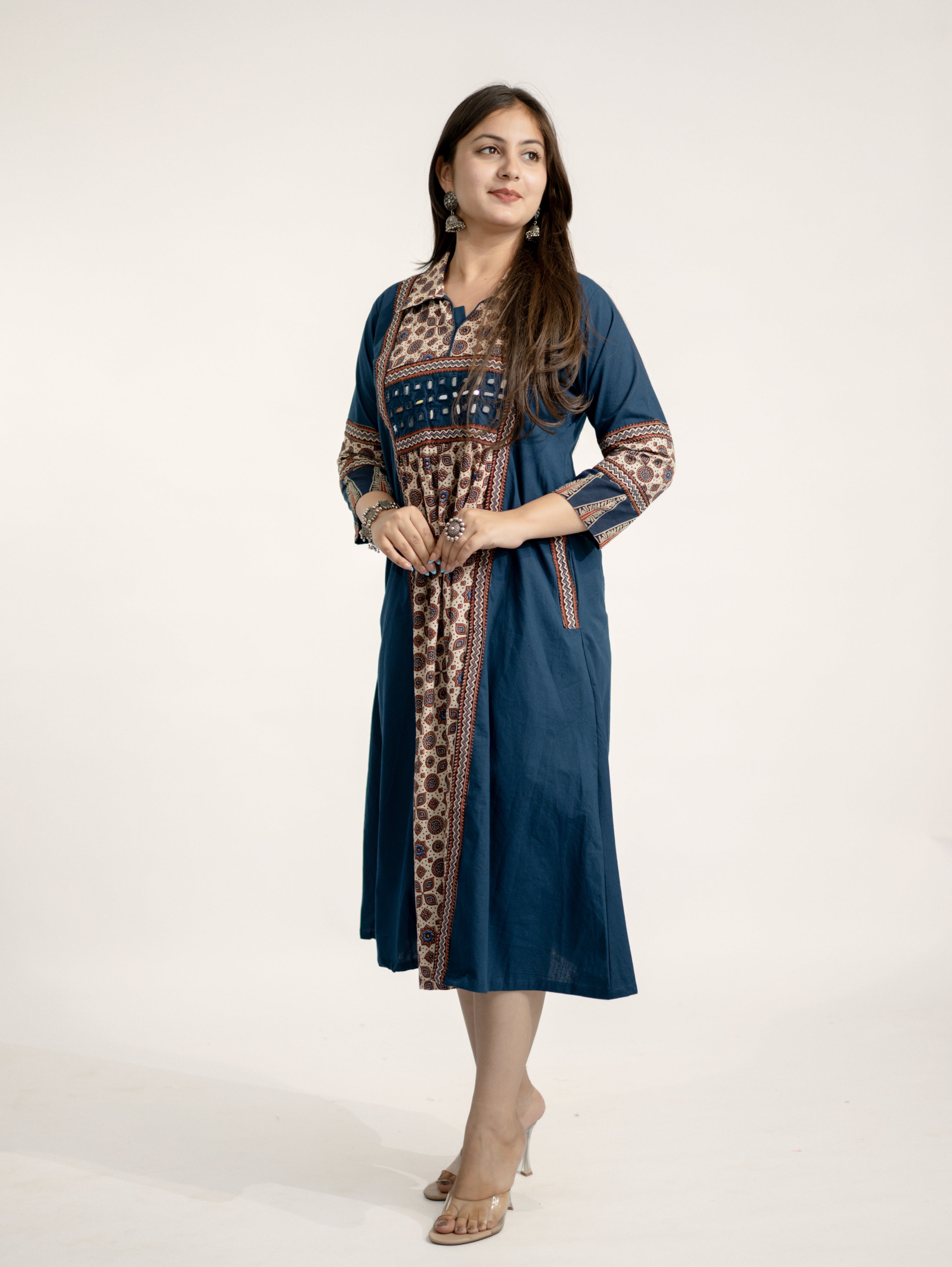 Vanya Blue Cotton Ajrakh Kutch Embroidered A-line Kurta