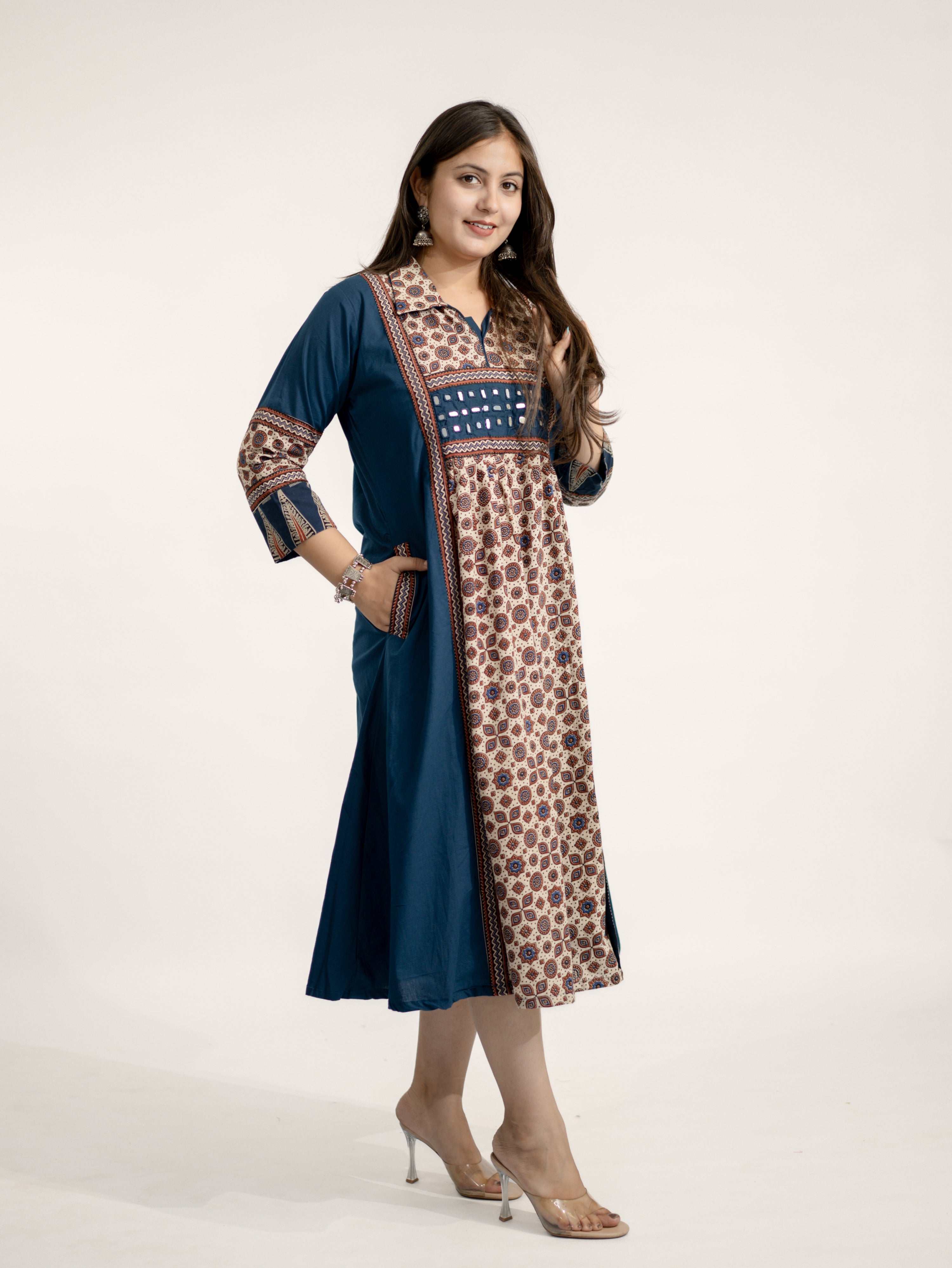 Vanya Blue Cotton Ajrakh Kutch Embroidered A-line Kurta