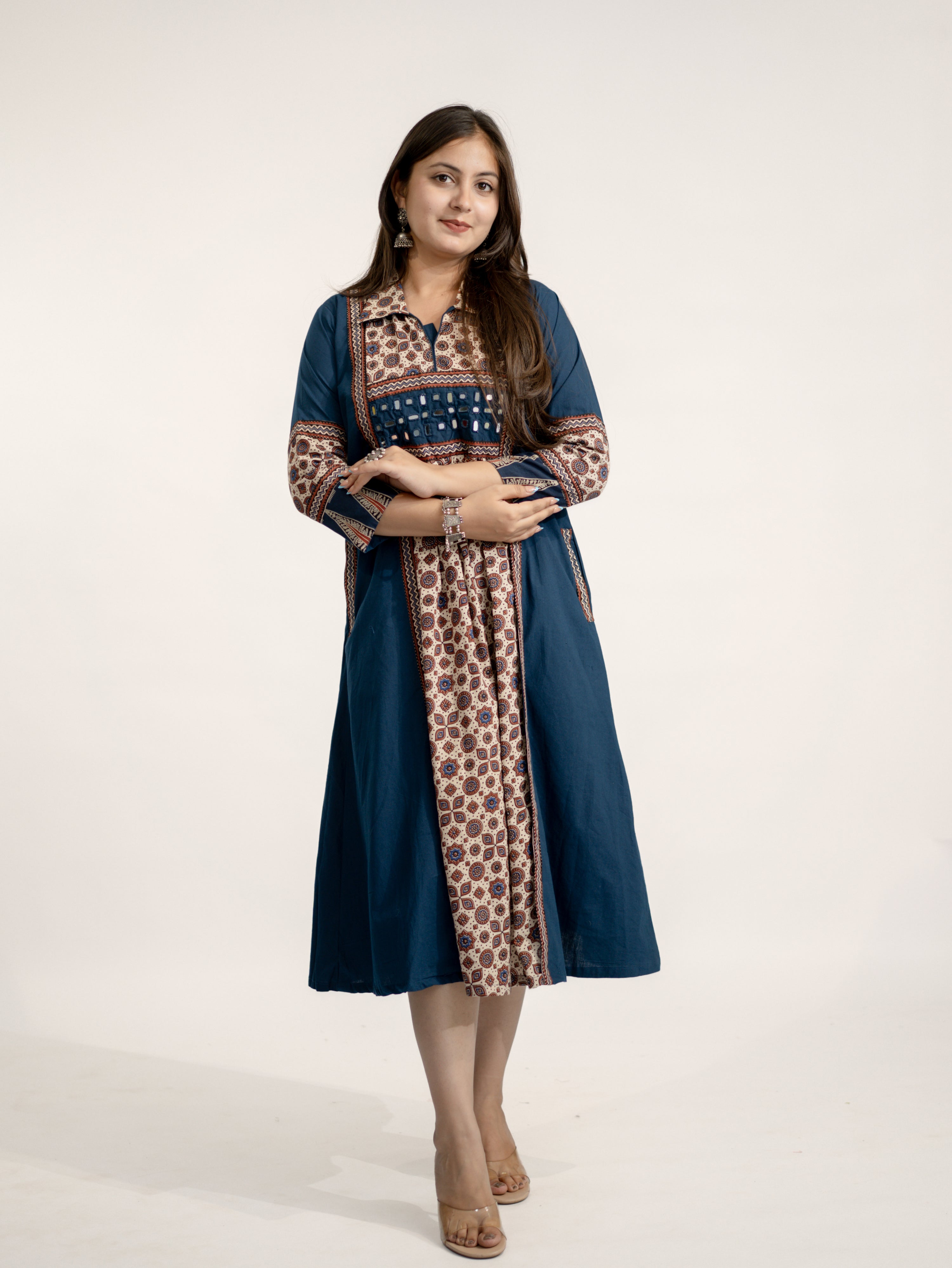 Vanya Blue Cotton Ajrakh Kutch Embroidered A-line Kurta