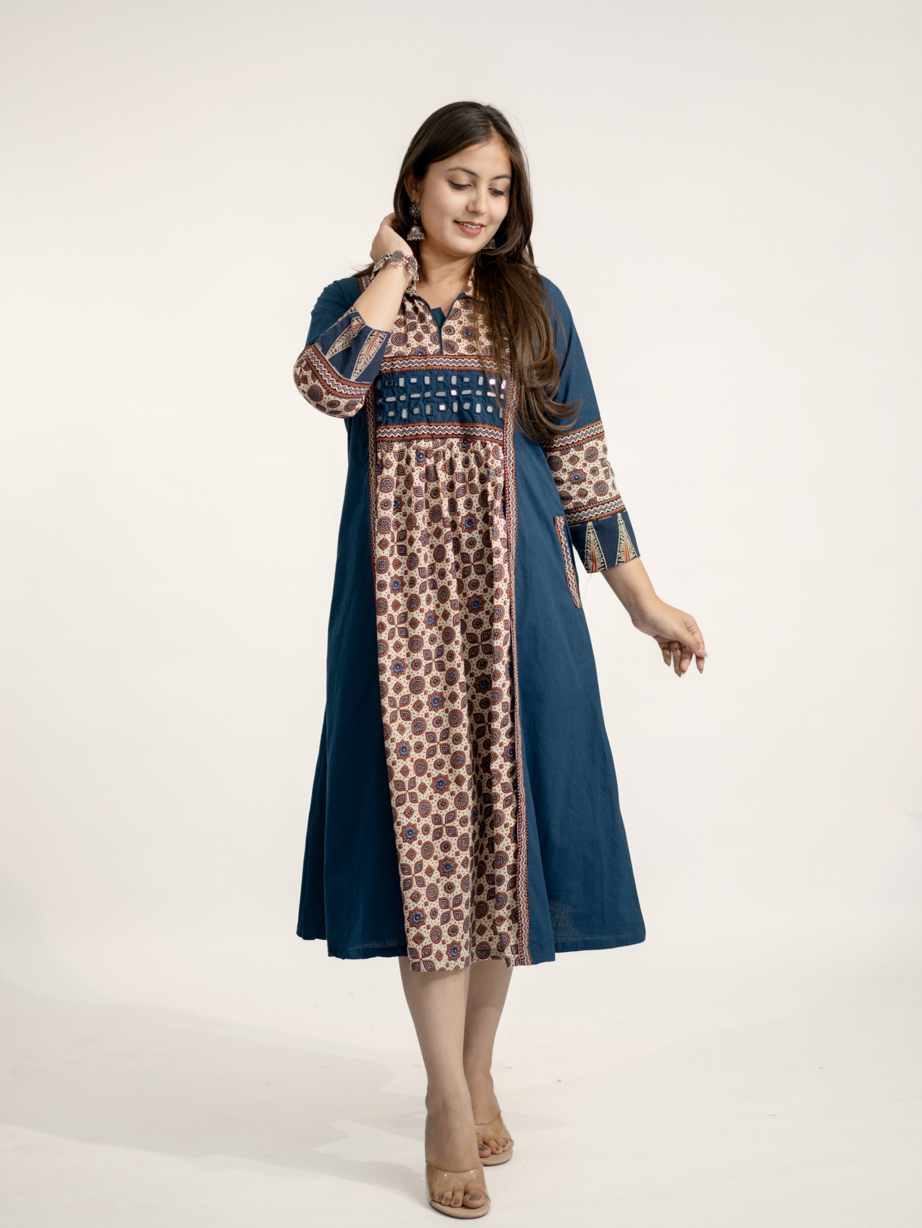 Vanya Blue Cotton Ajrakh Kutch Embroidered A-line Kurta