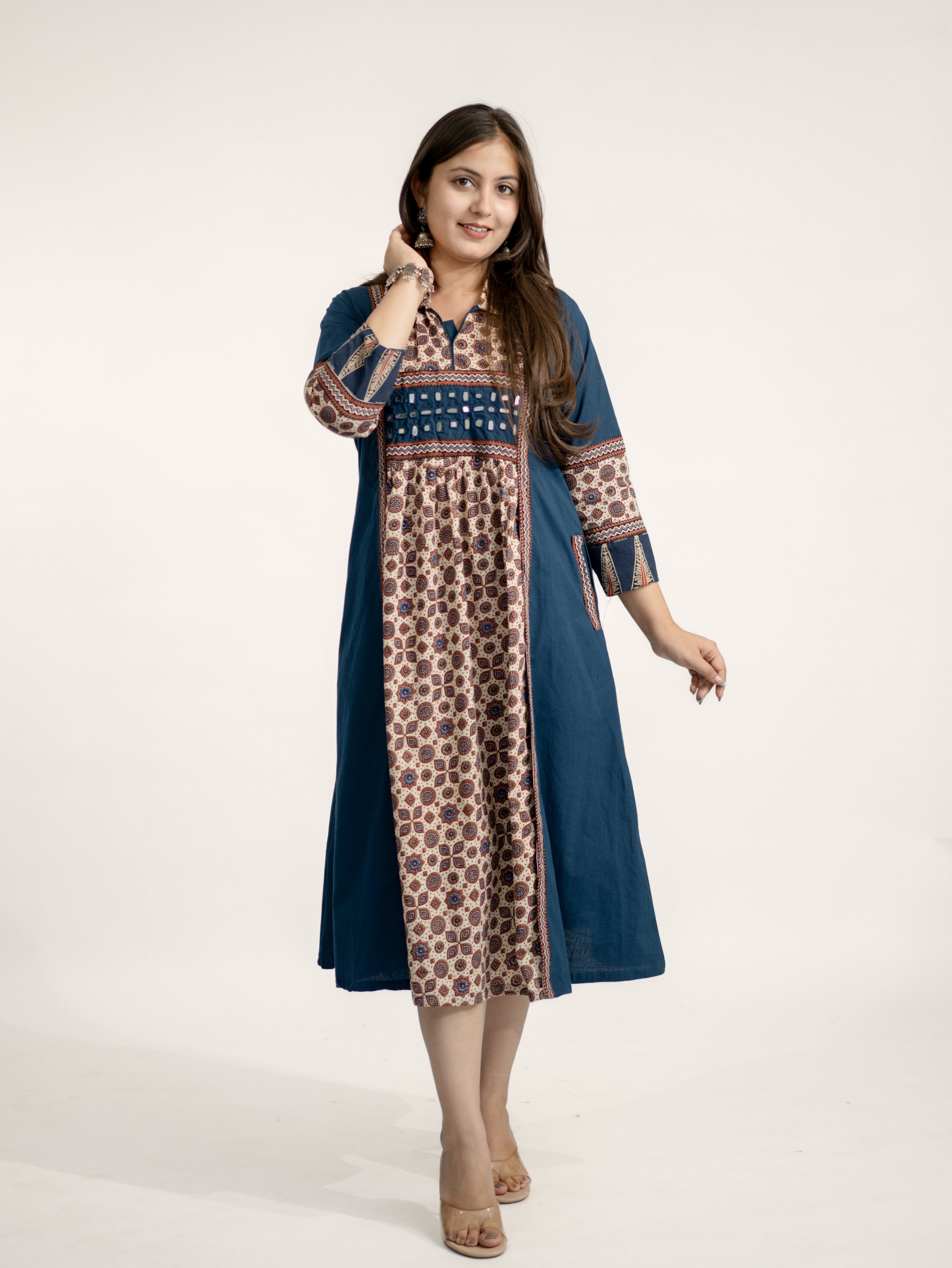 Vanya Blue Cotton Ajrakh Kutch Embroidered A-line Kurta