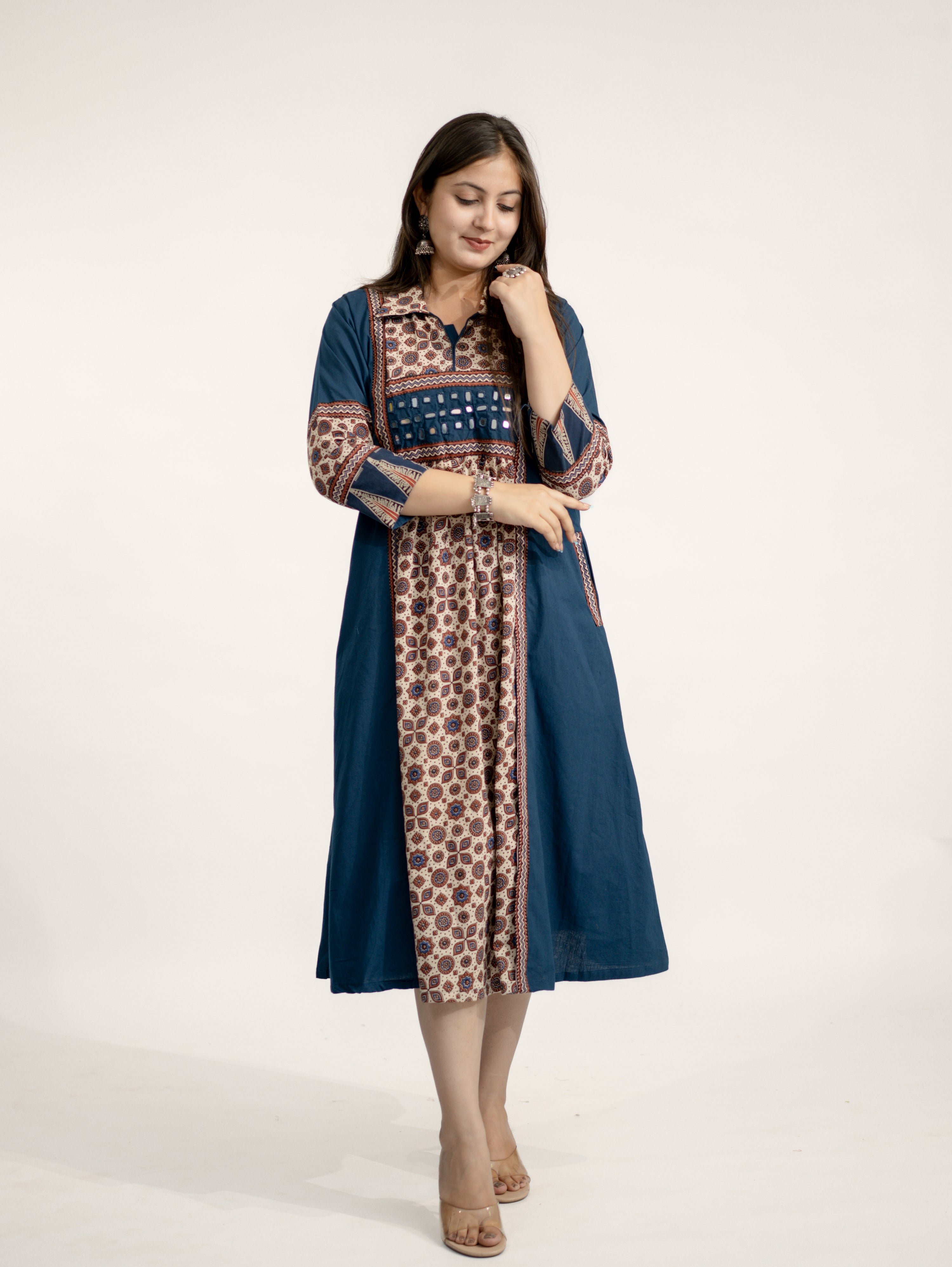 Vanya Blue Cotton Ajrakh Kutch Embroidered A-line Kurta