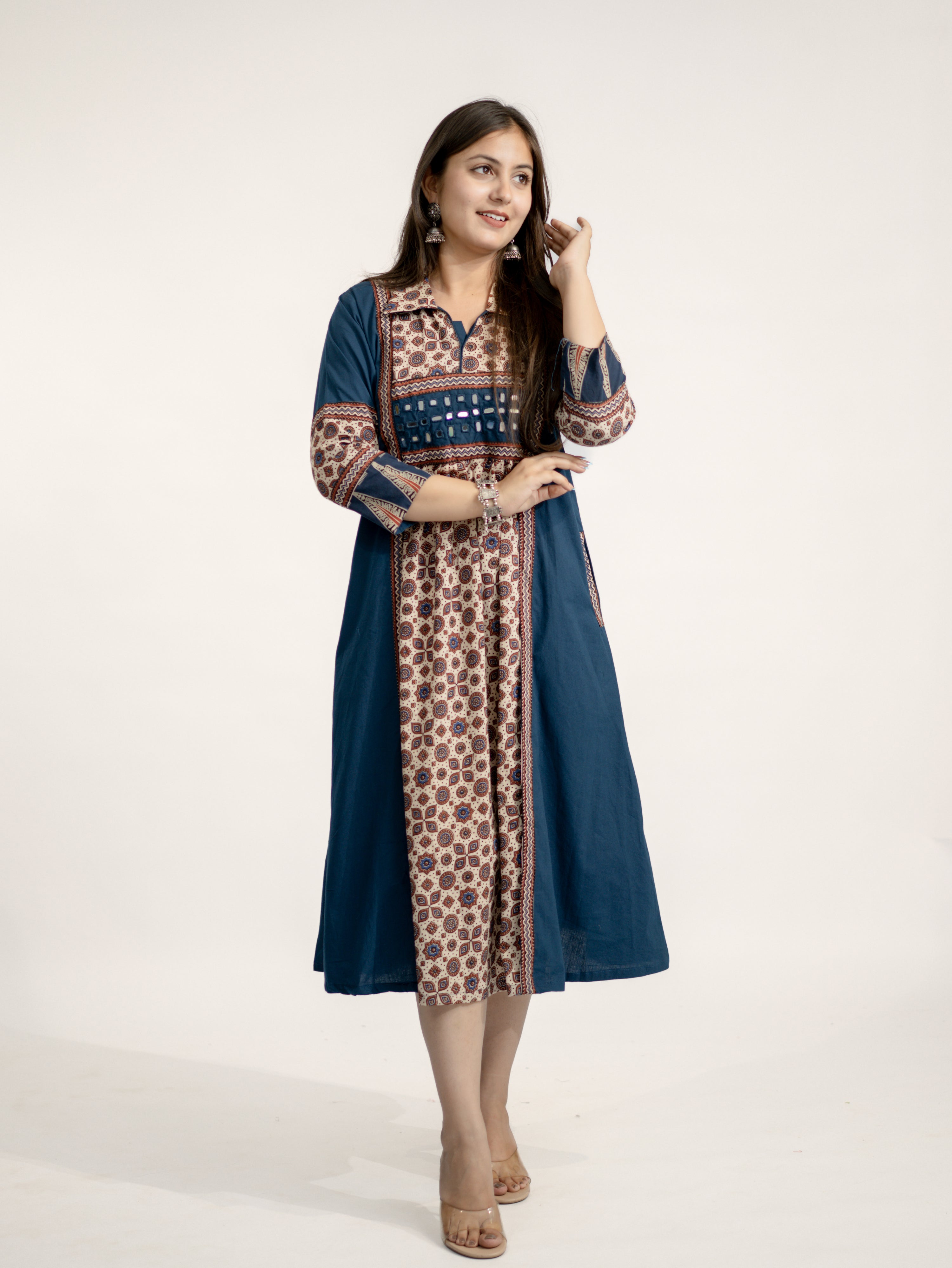 Vanya Blue Cotton Ajrakh Kutch Embroidered A-line Kurta