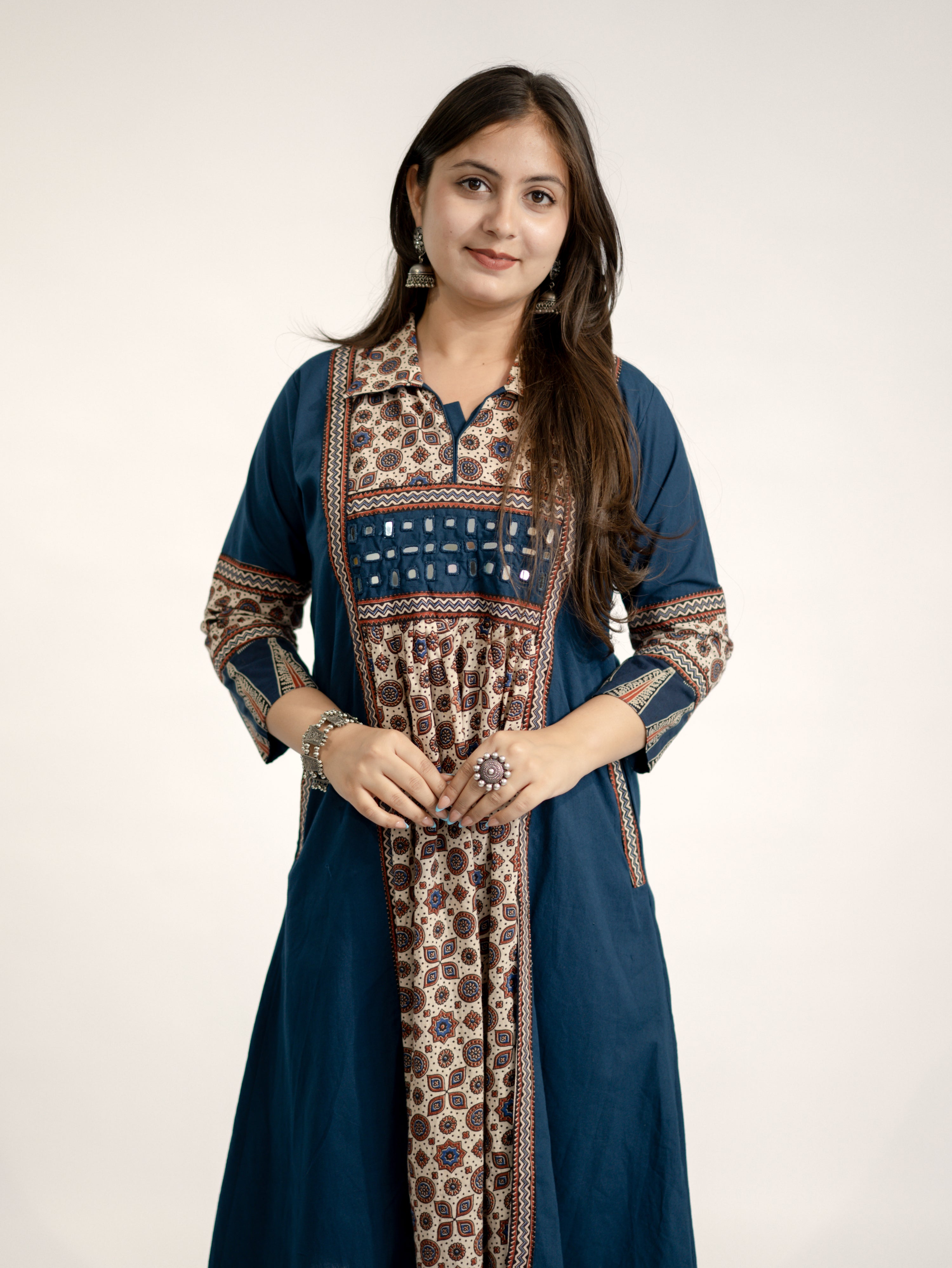 Vanya Blue Cotton Ajrakh Kutch Embroidered A-line Kurta