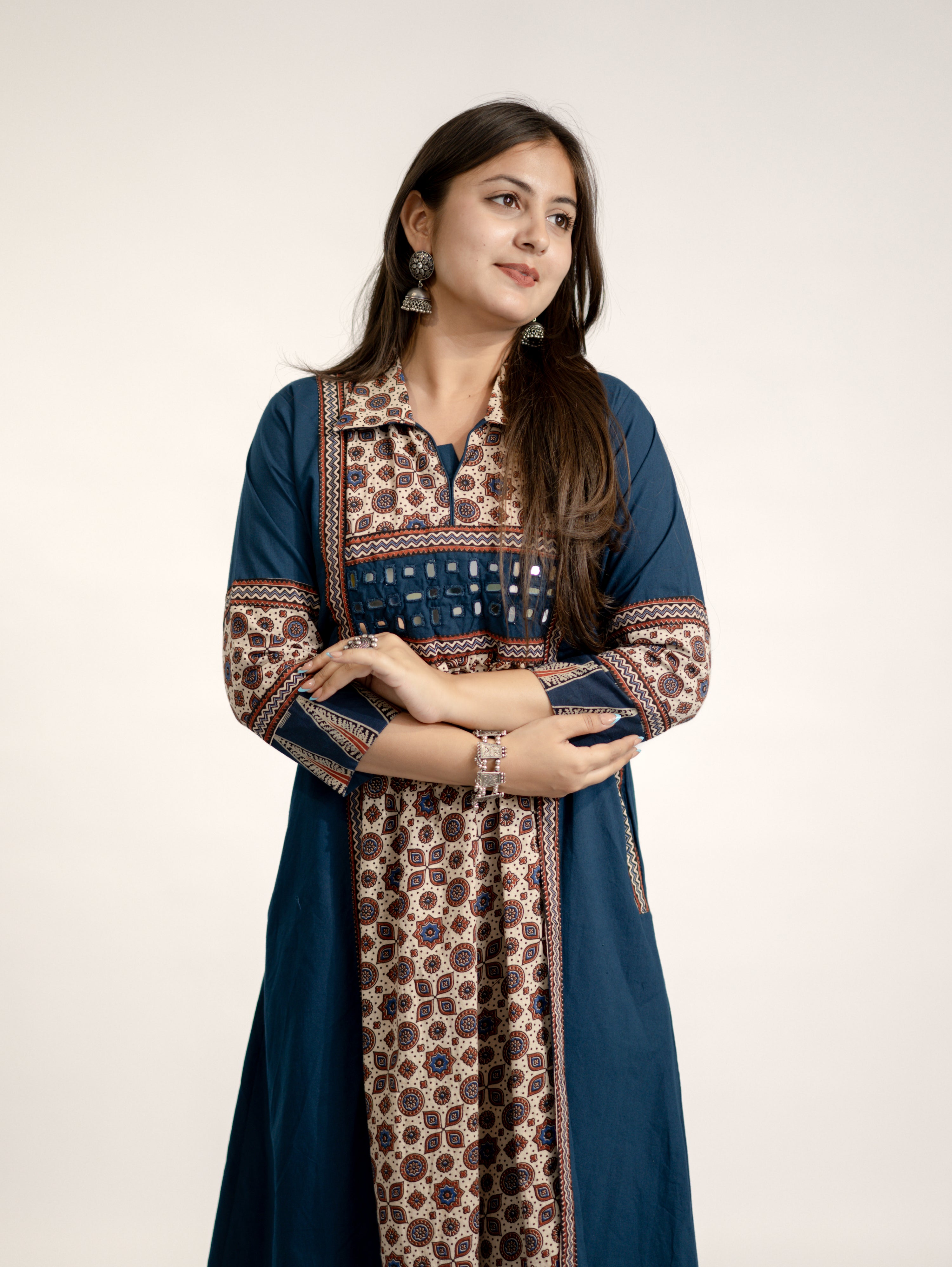 Vanya Blue Cotton Ajrakh Kutch Embroidered A-line Kurta