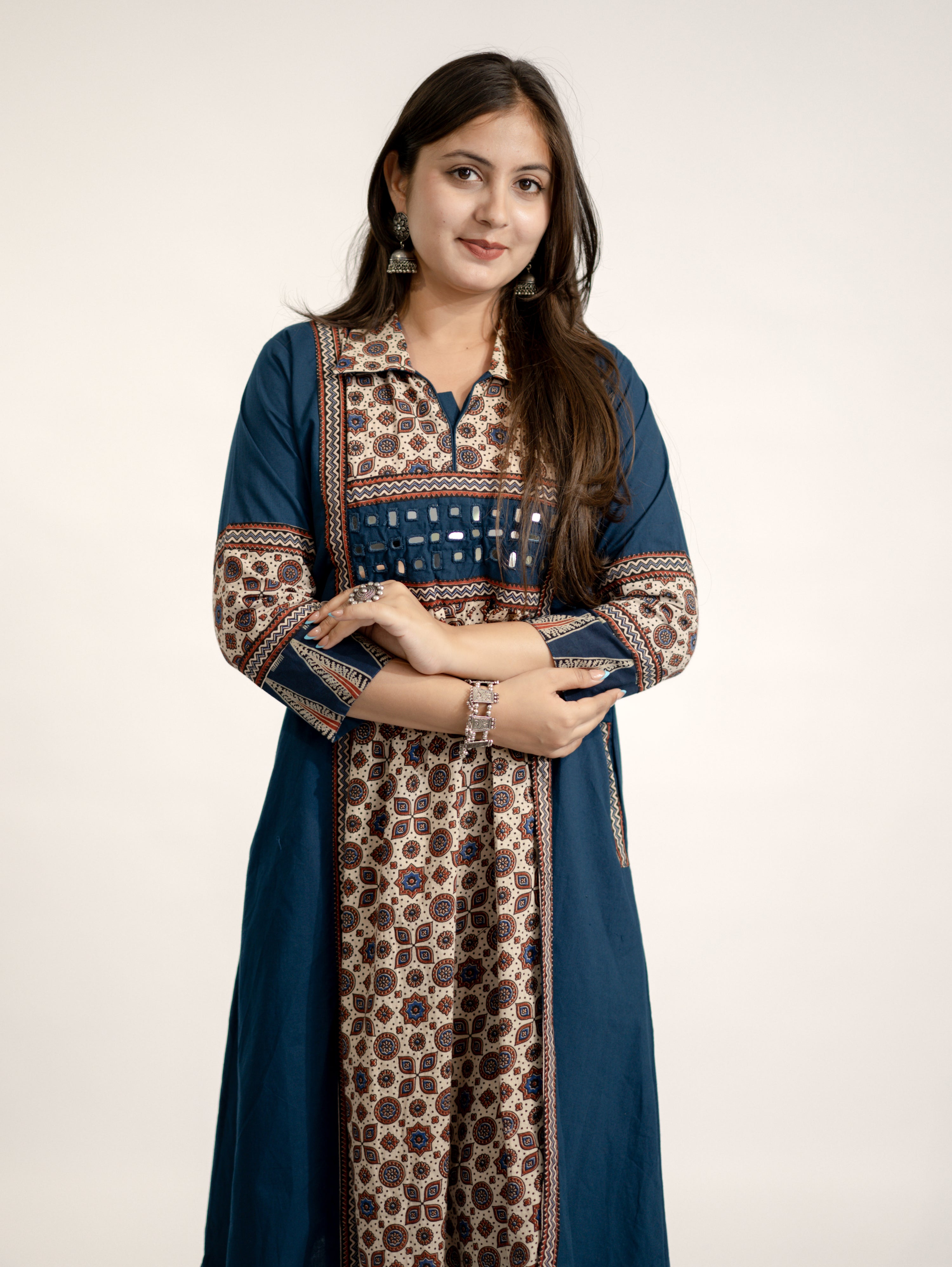 Vanya Blue Cotton Ajrakh Kutch Embroidered A-line Kurta