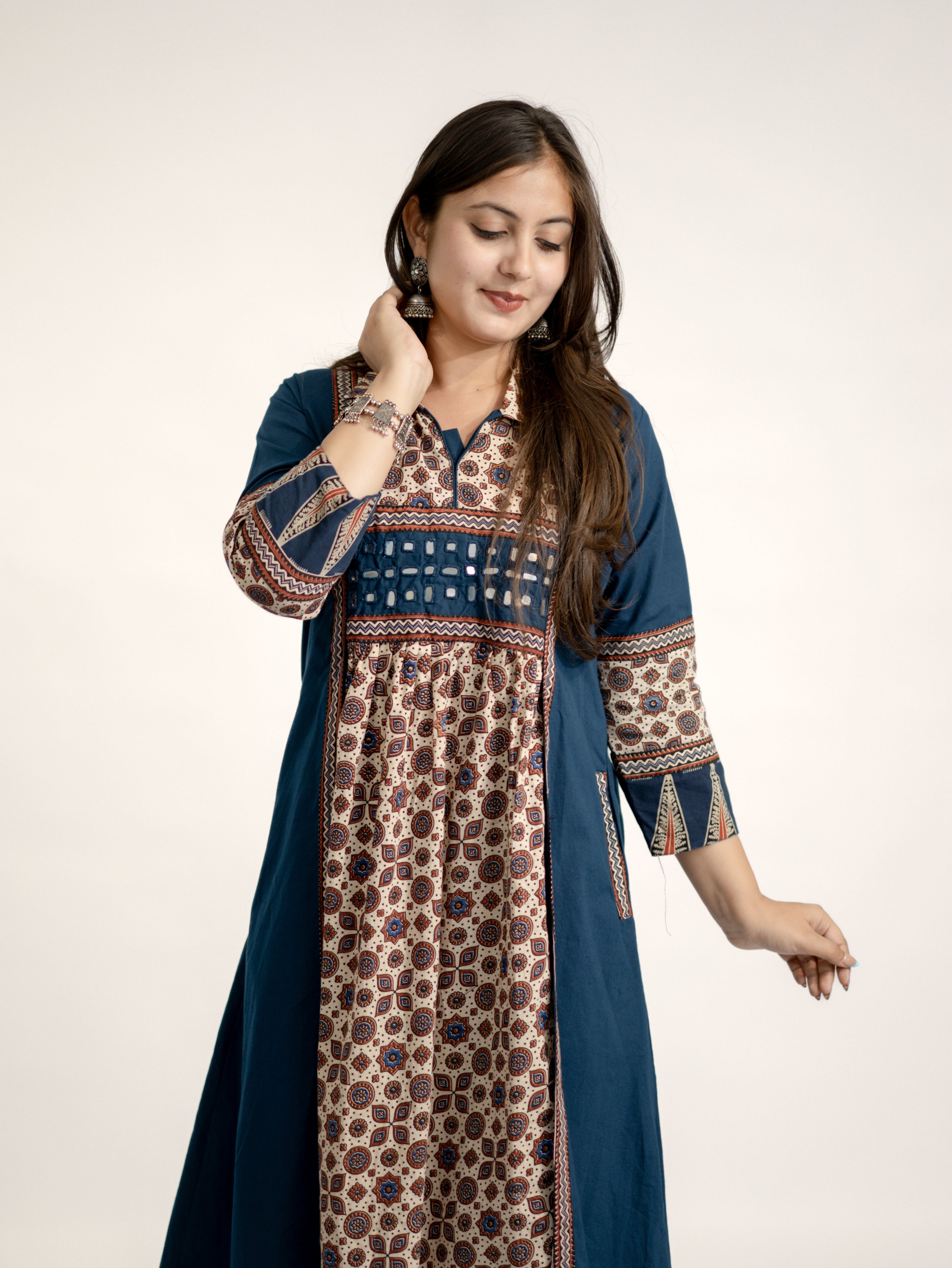 Vanya Blue Cotton Ajrakh Kutch Embroidered A-line Kurta