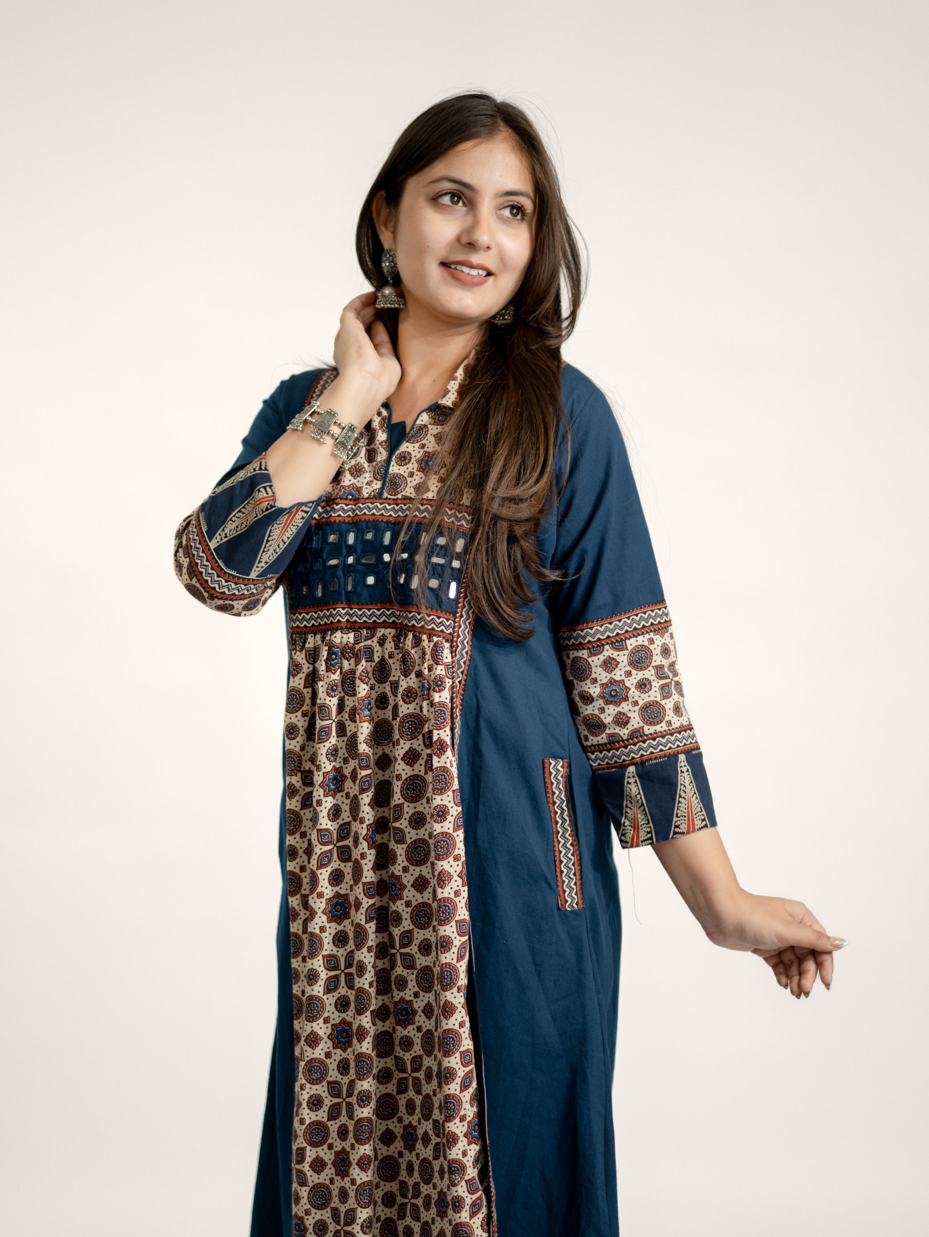 Vanya Blue Cotton Ajrakh Kutch Embroidered A-line Kurta