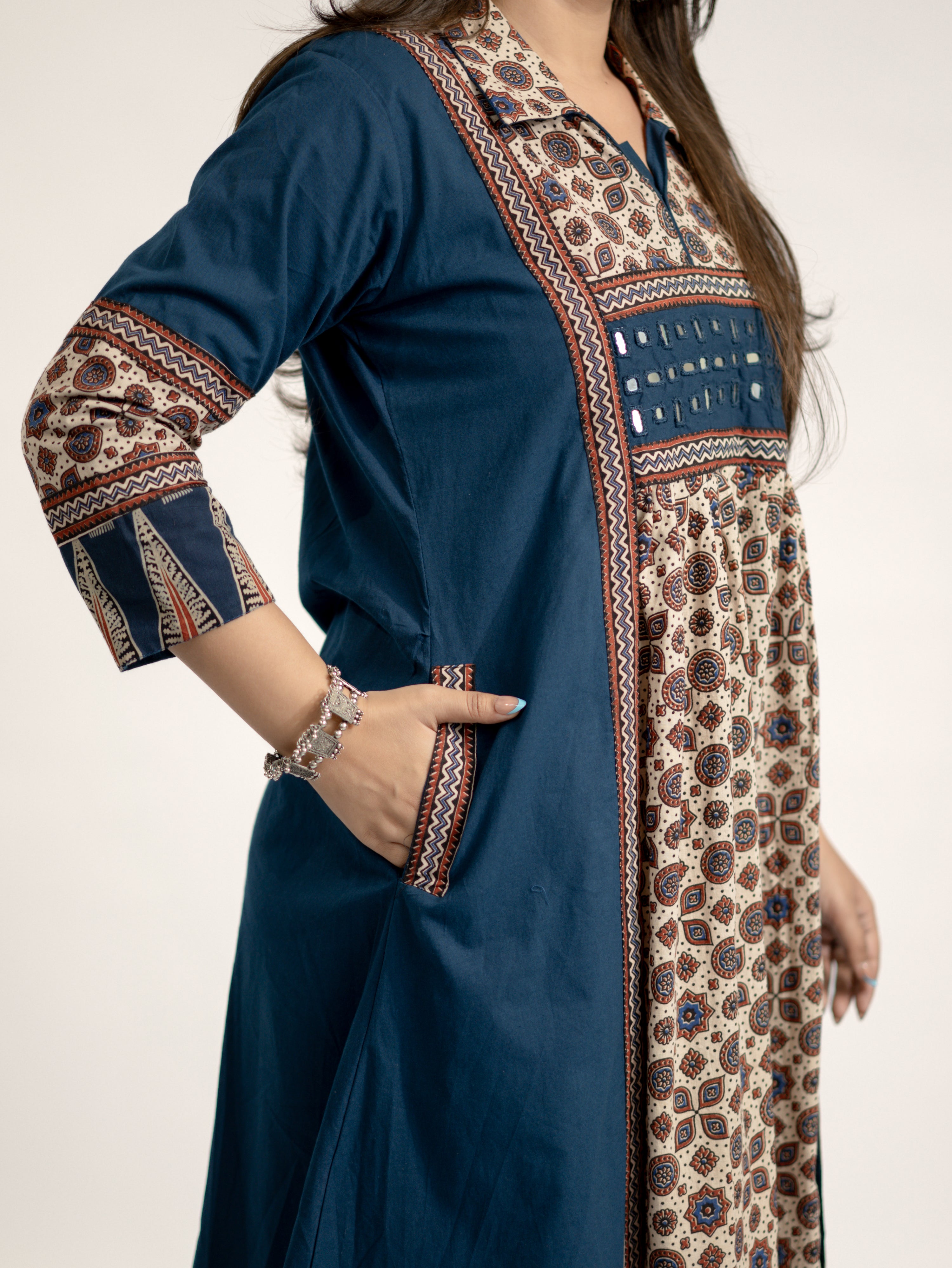 Vanya Blue Cotton Ajrakh Kutch Embroidered A-line Kurta
