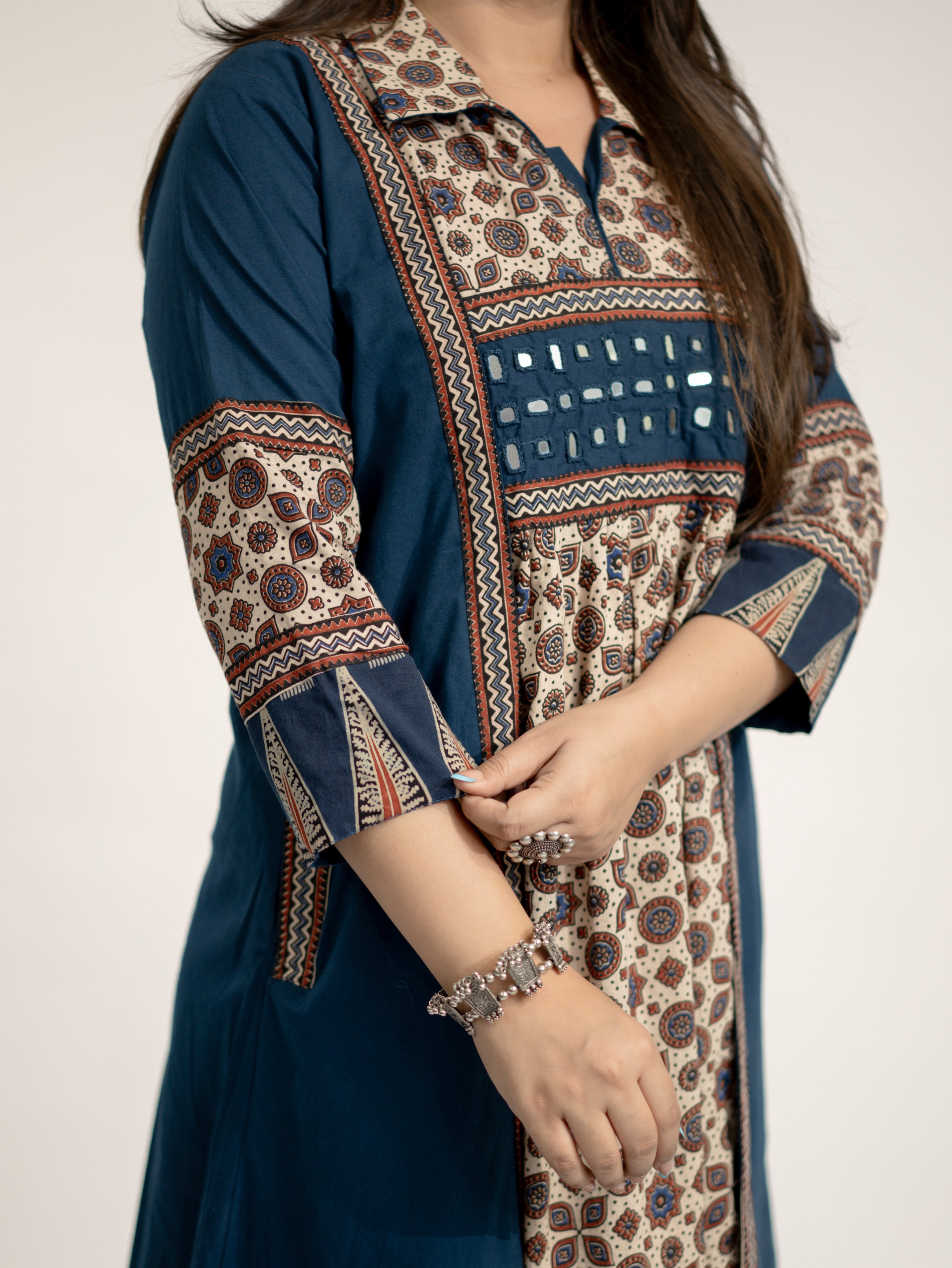 Vanya Blue Cotton Ajrakh Kutch Embroidered A-line Kurta