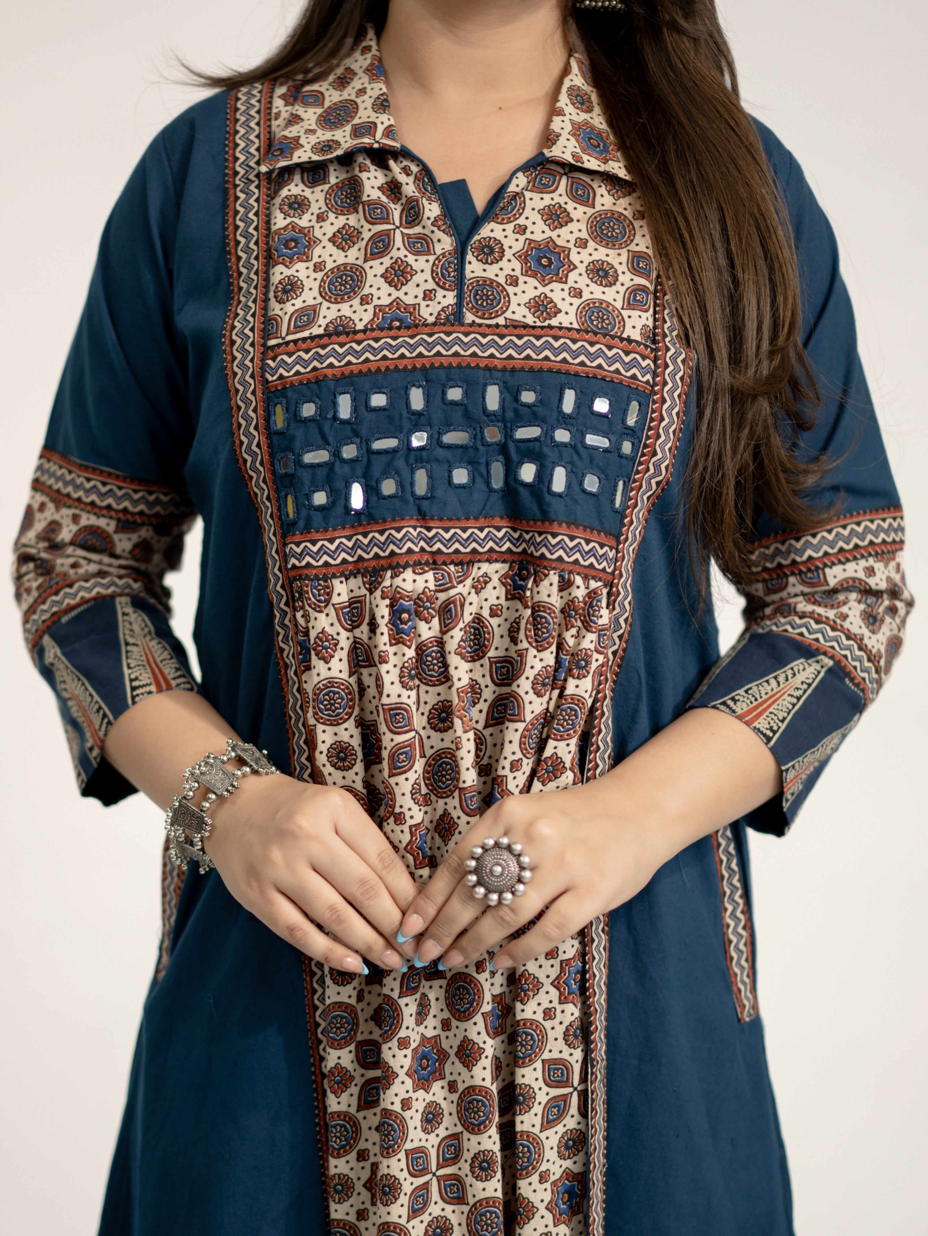 Vanya Blue Cotton Ajrakh Kutch Embroidered A-line Kurta