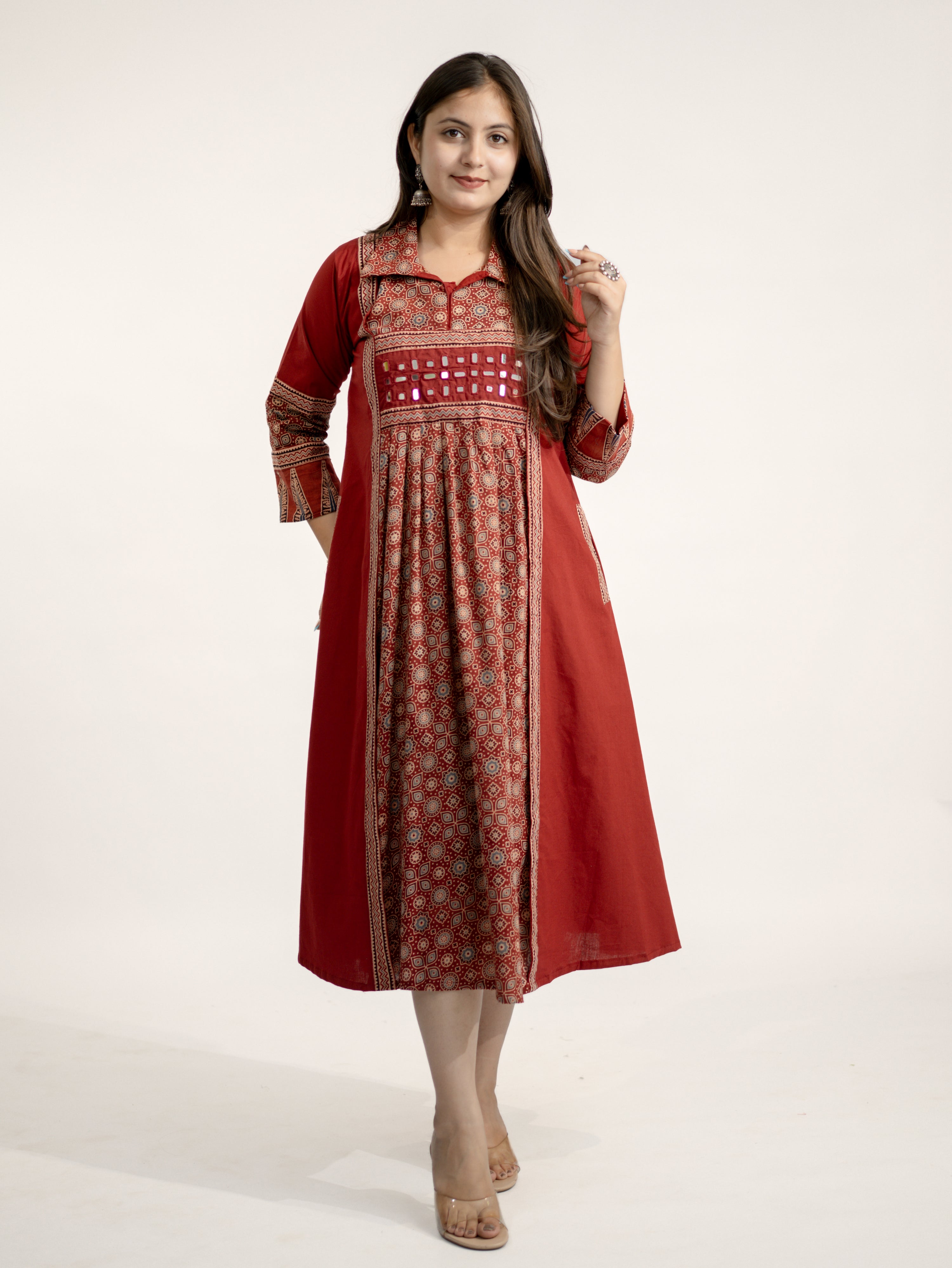 Vanya Red Cotton Ajrakh Kutch Embroidered A-line Kurta