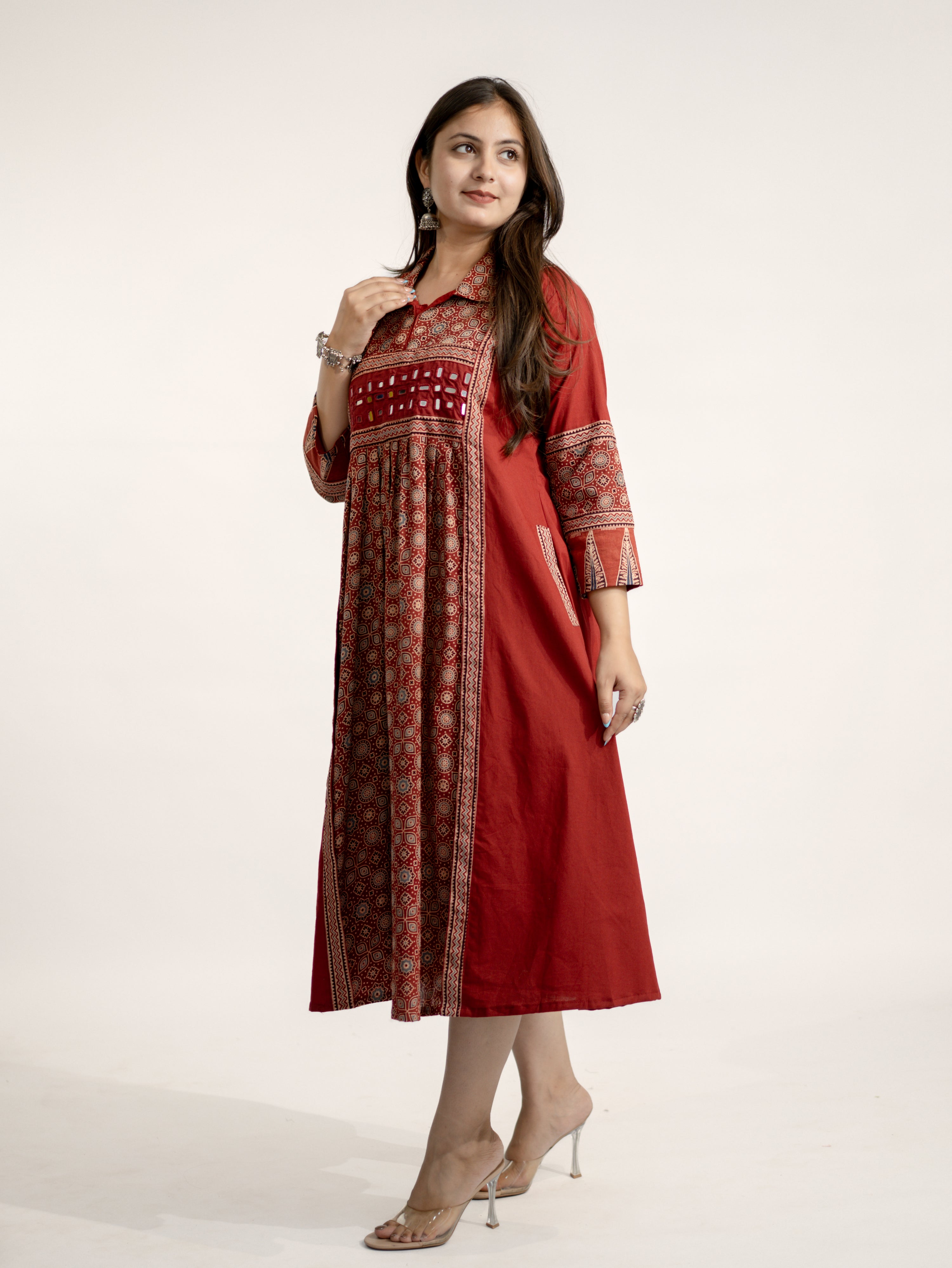 Vanya Red Cotton Ajrakh Kutch Embroidered A-line Kurta