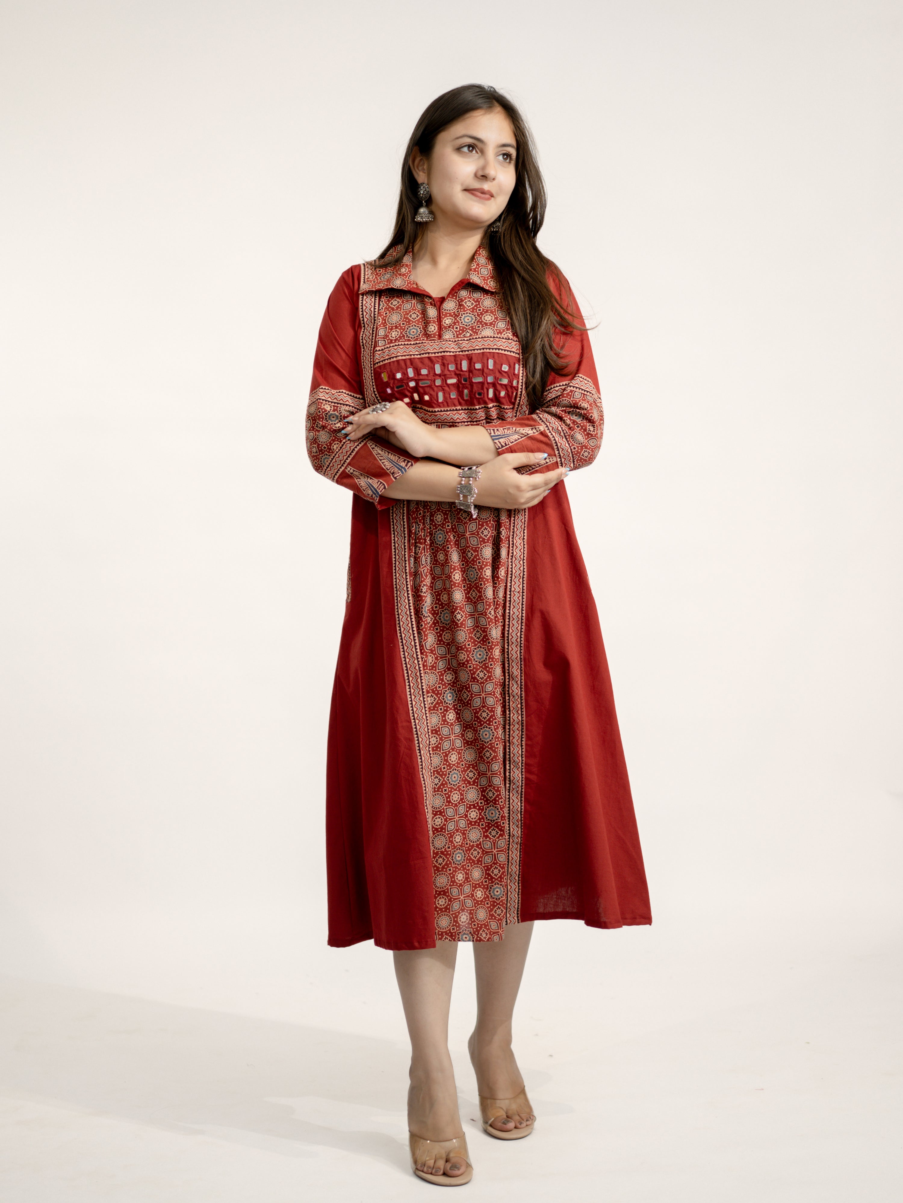 Vanya Red Cotton Ajrakh Kutch Embroidered A-line Kurta