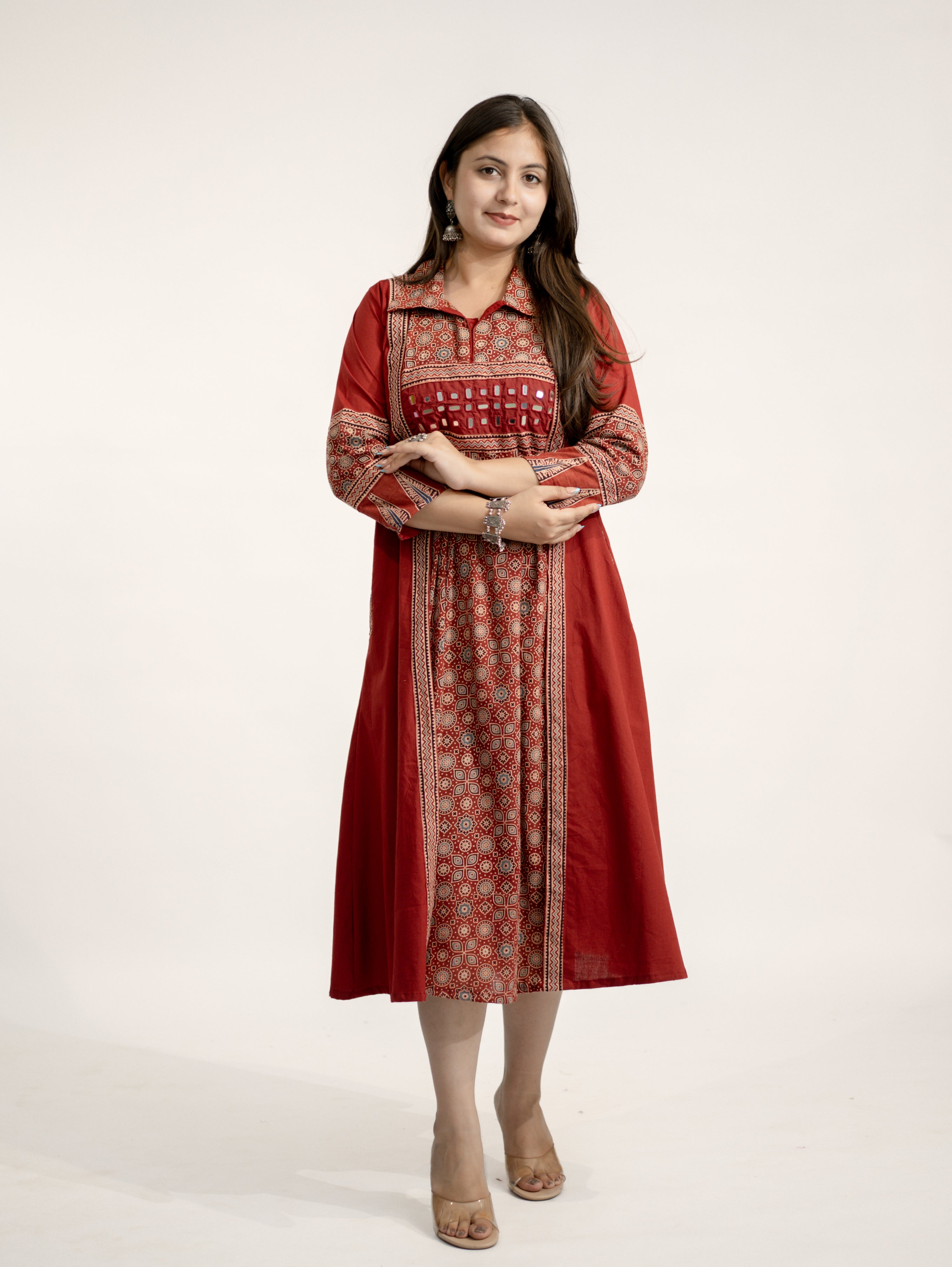 Vanya Red Cotton Ajrakh Kutch Embroidered A-line Kurta