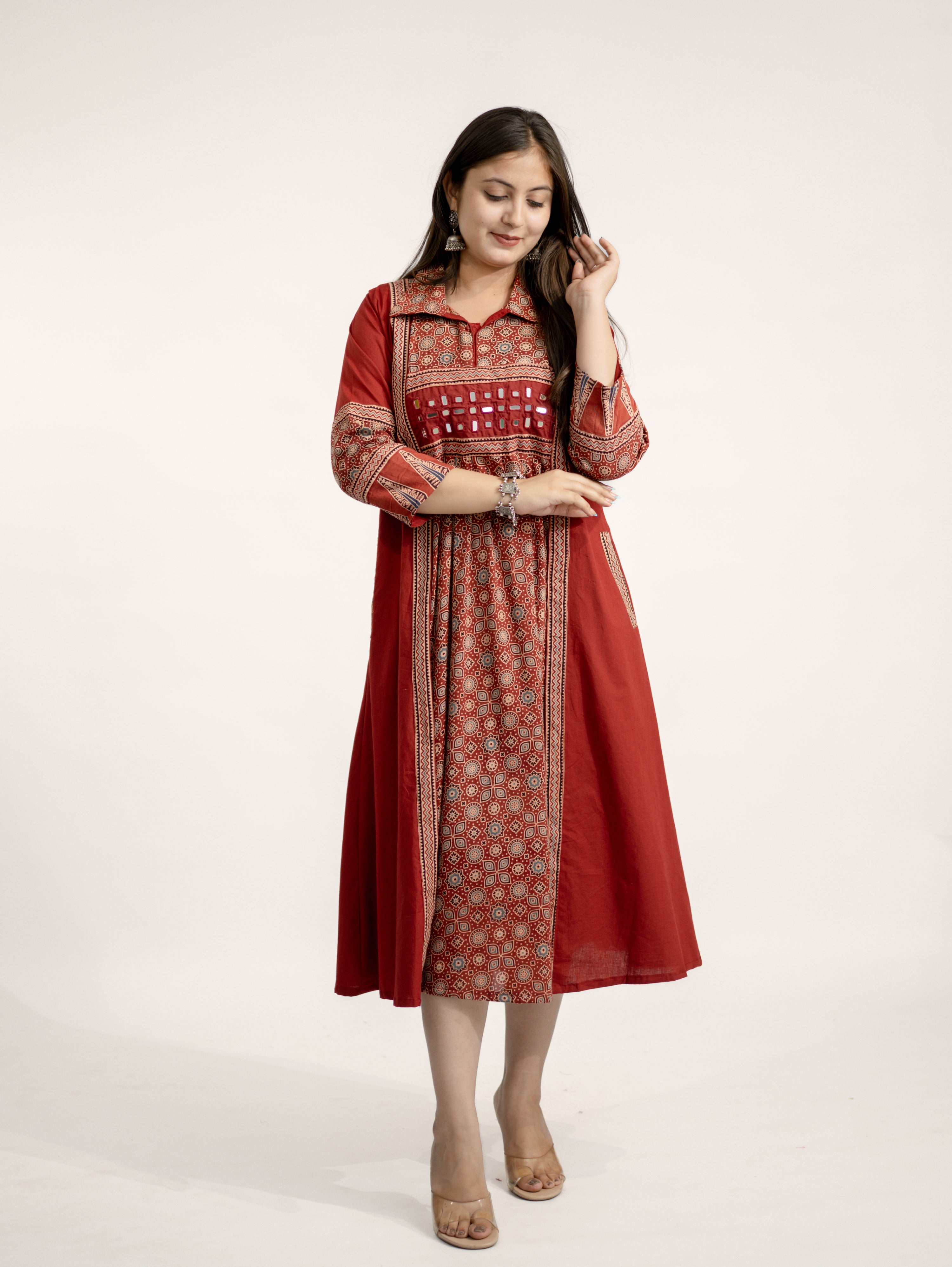 Vanya Red Cotton Ajrakh Kutch Embroidered A-line Kurta