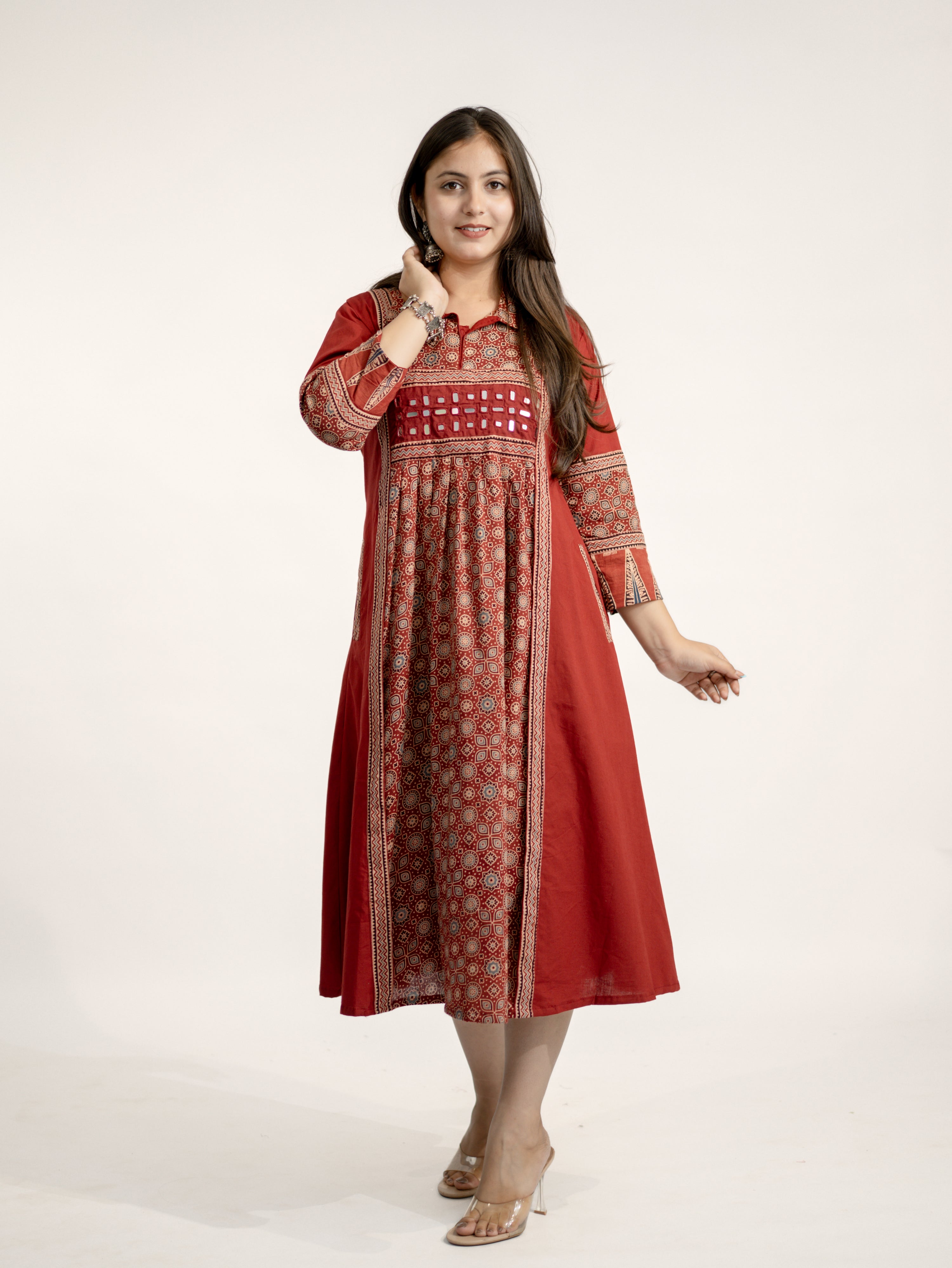 Vanya Red Cotton Ajrakh Kutch Embroidered A-line Kurta