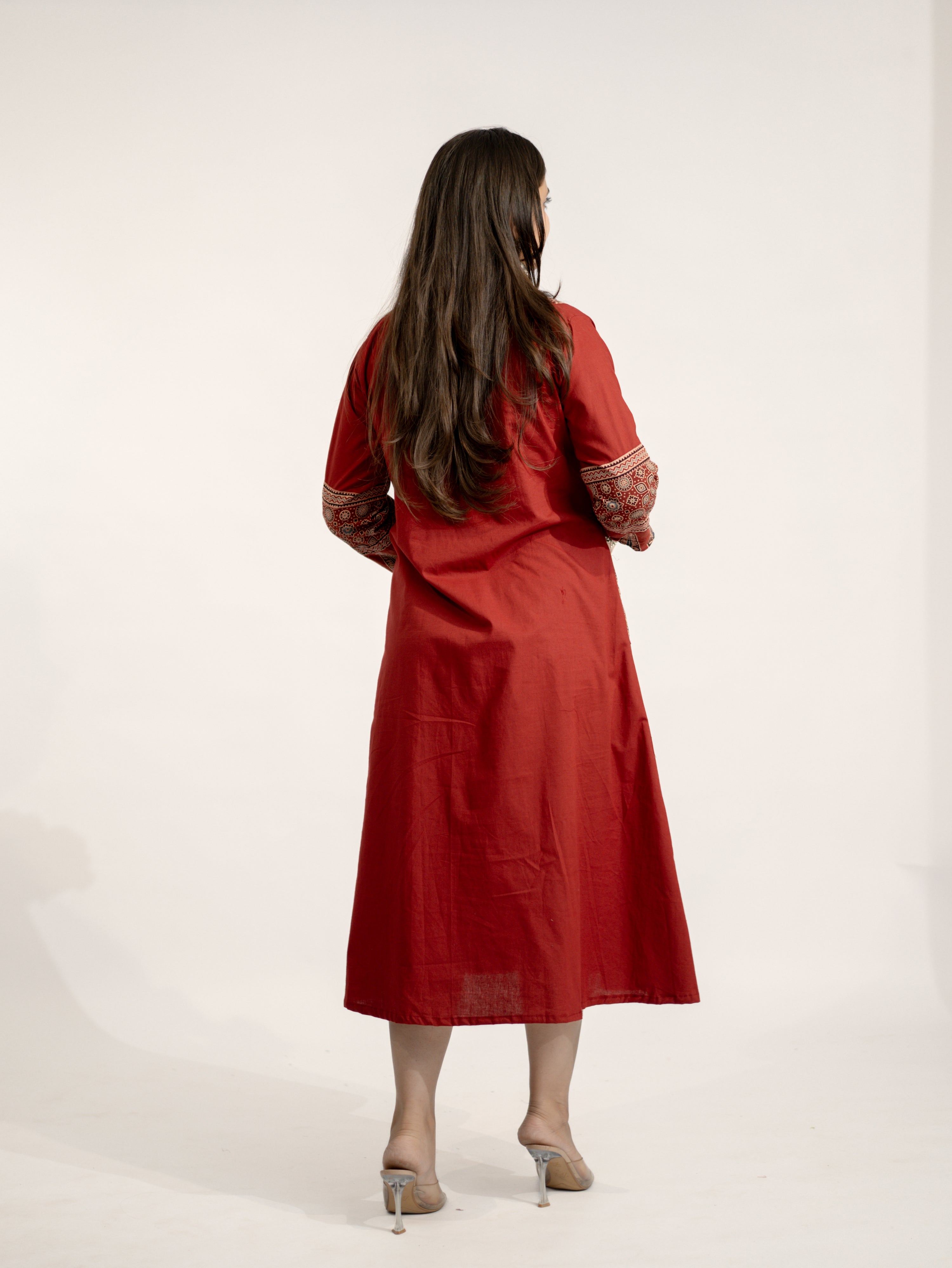 Vanya Red Cotton Ajrakh Kutch Embroidered A-line Kurta