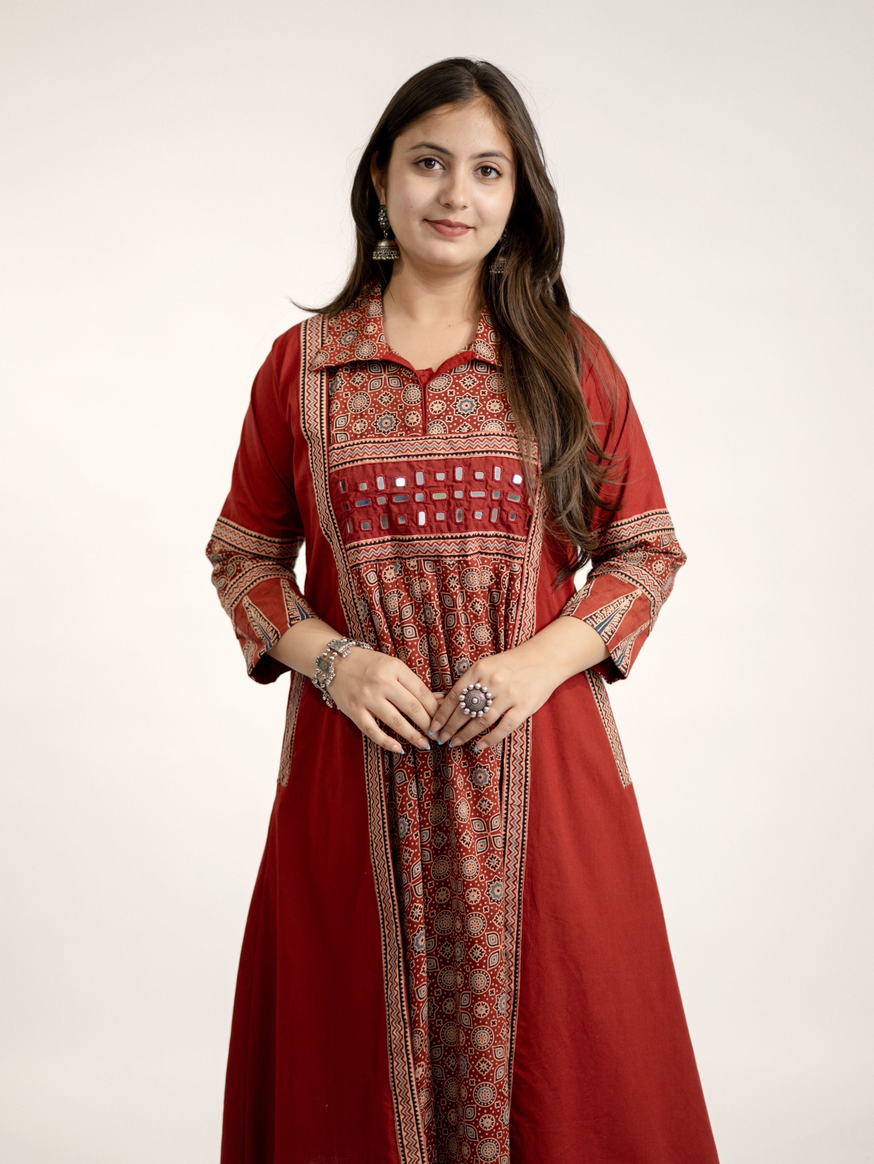 Vanya Red Cotton Ajrakh Kutch Embroidered A-line Kurta