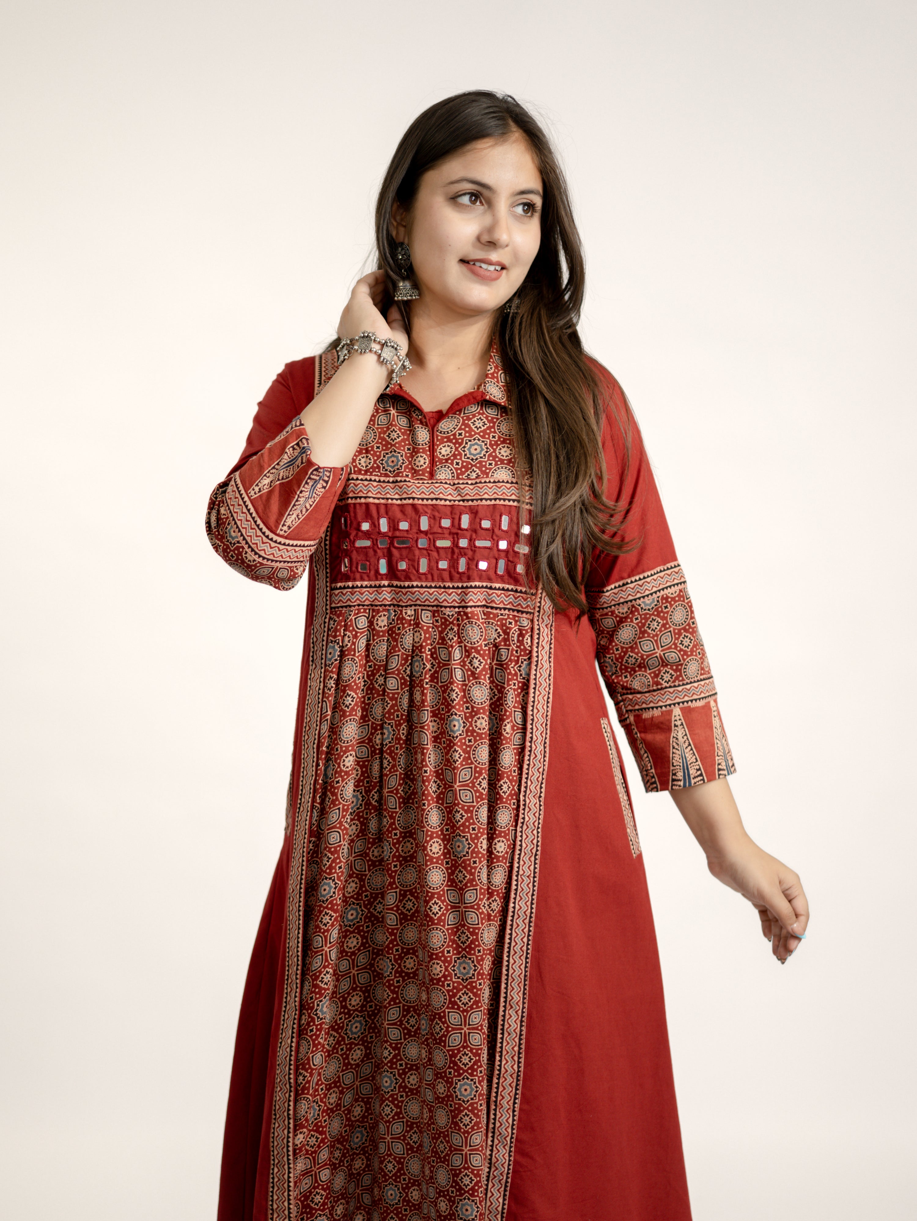 Vanya Red Cotton Ajrakh Kutch Embroidered A-line Kurta