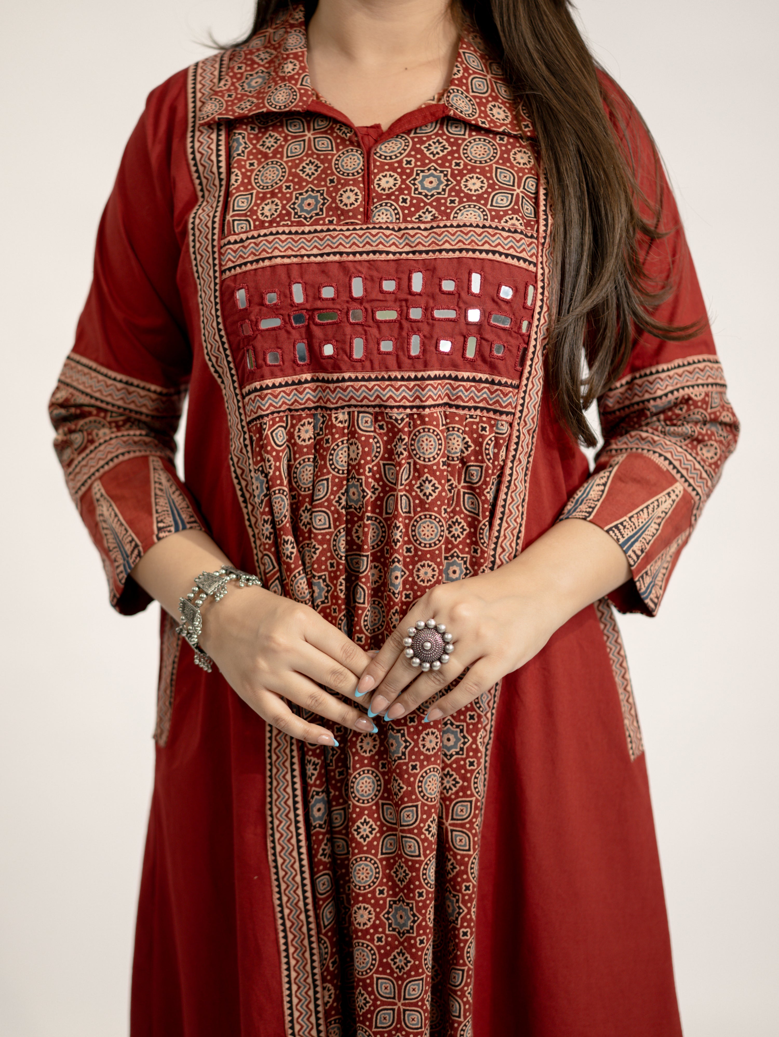 Vanya Red Cotton Ajrakh Kutch Embroidered A-line Kurta