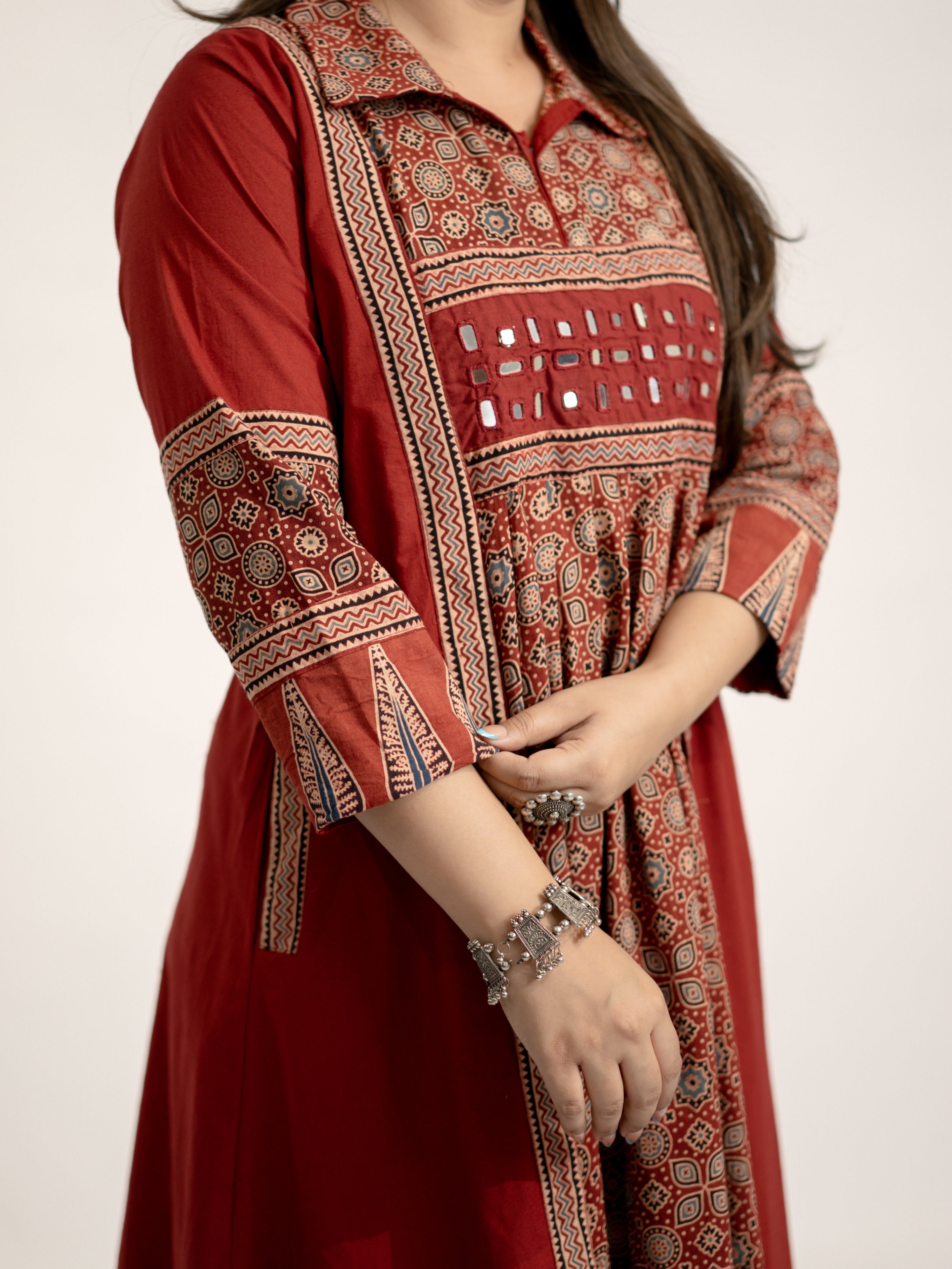 Vanya Red Cotton Ajrakh Kutch Embroidered A-line Kurta