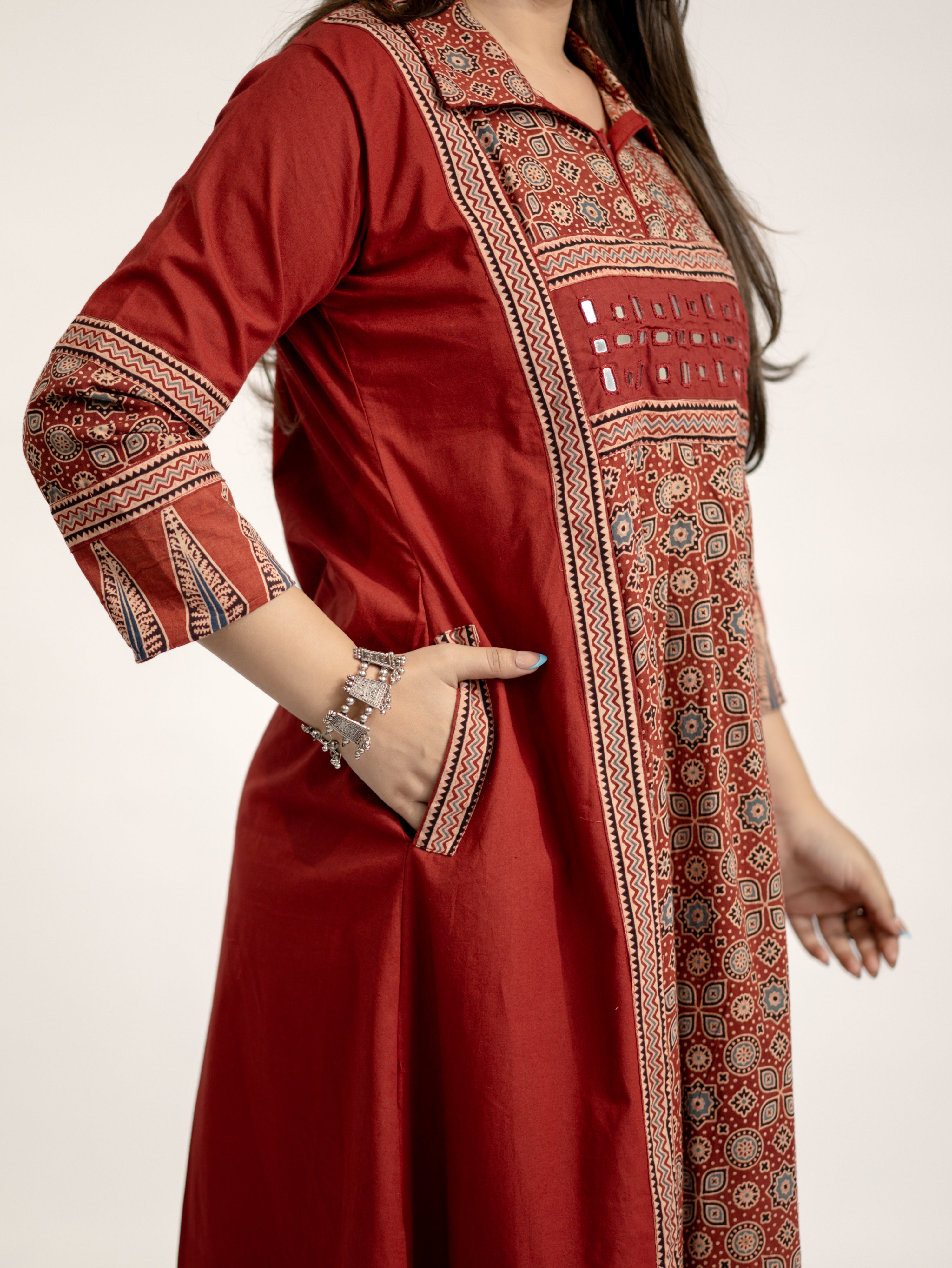 Vanya Red Cotton Ajrakh Kutch Embroidered A-line Kurta