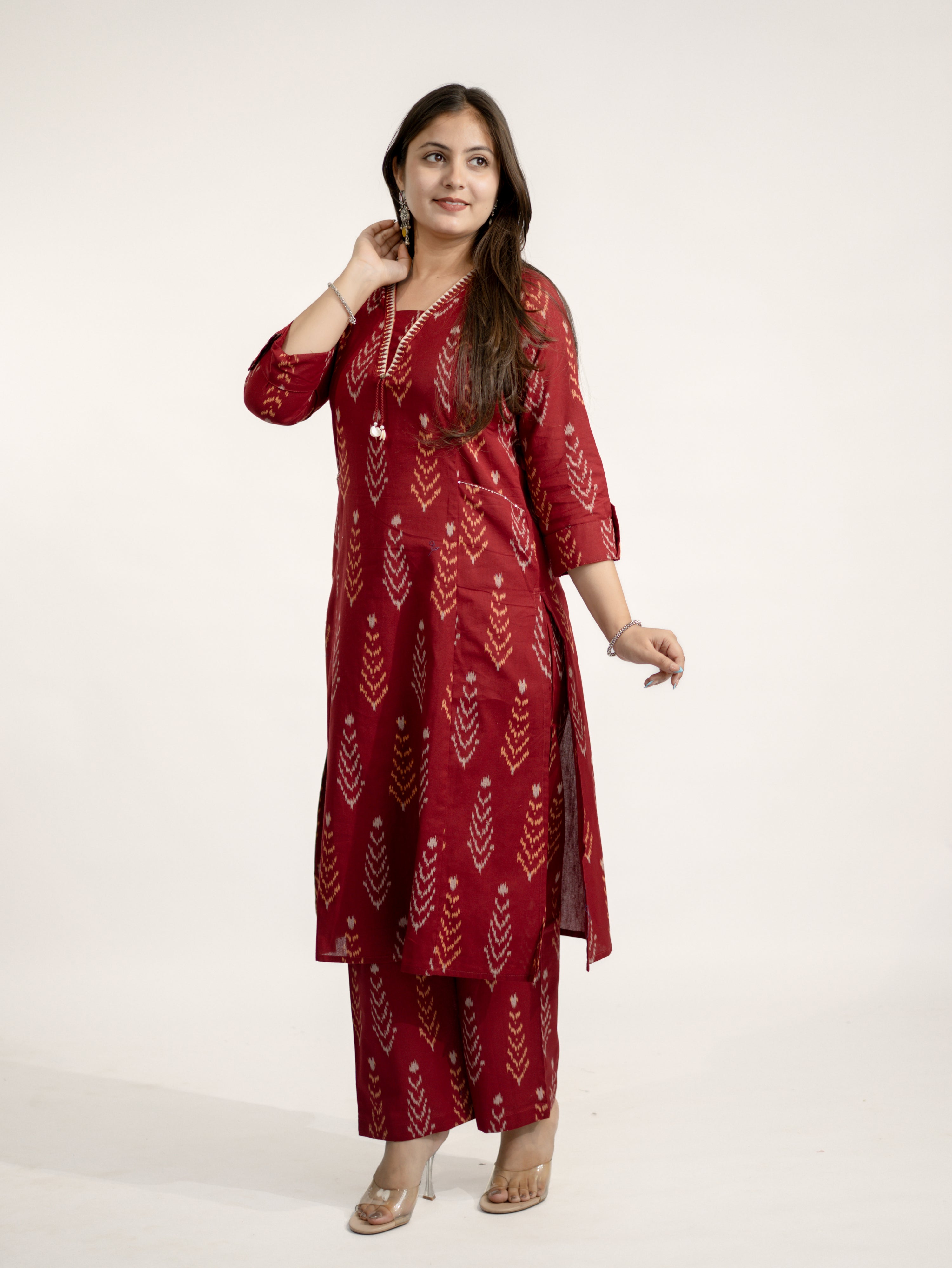 Marya Red Cotton Ikkat Straight Kurta Set