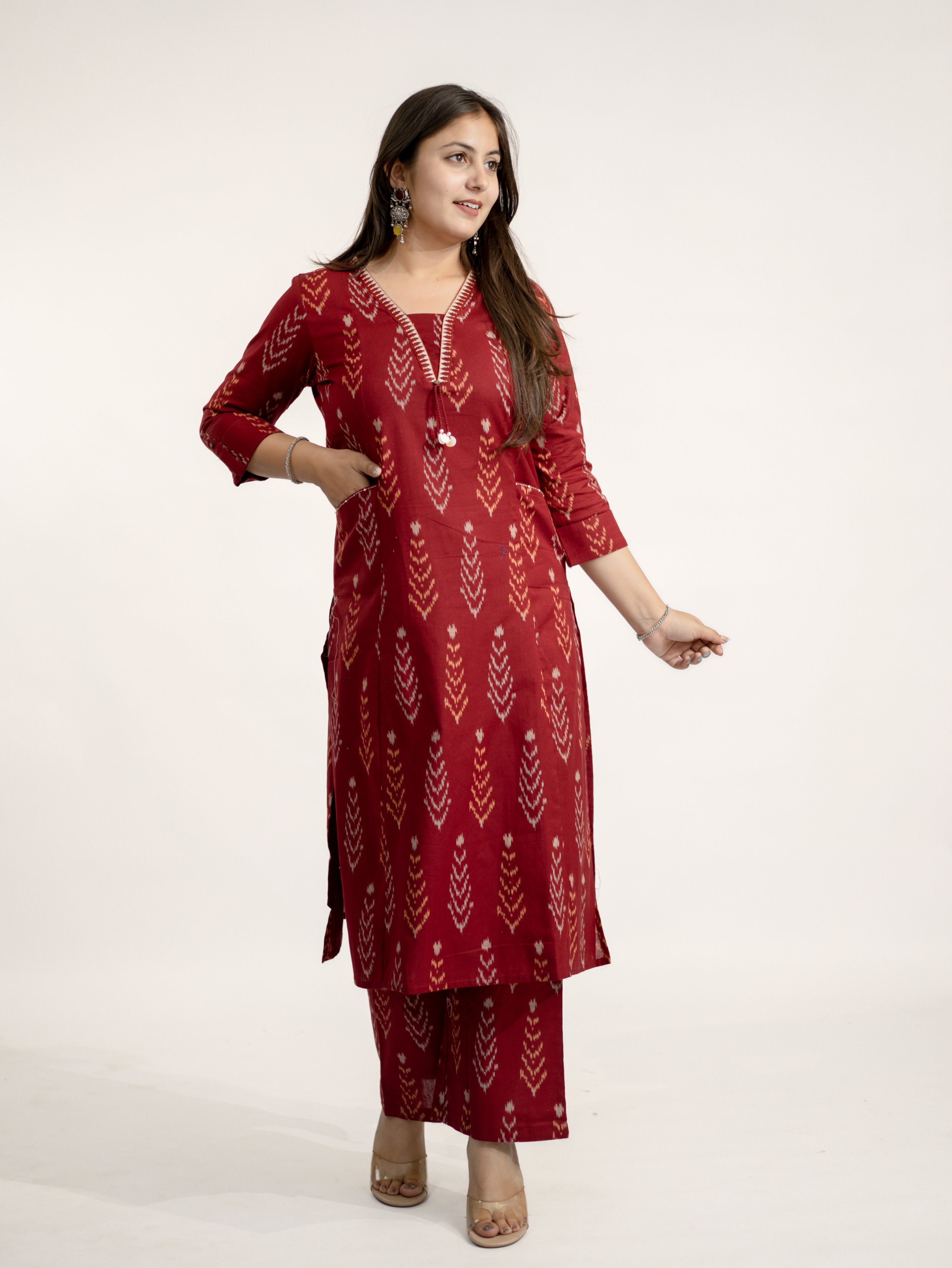 Marya Red Cotton Ikkat Straight Kurta Set