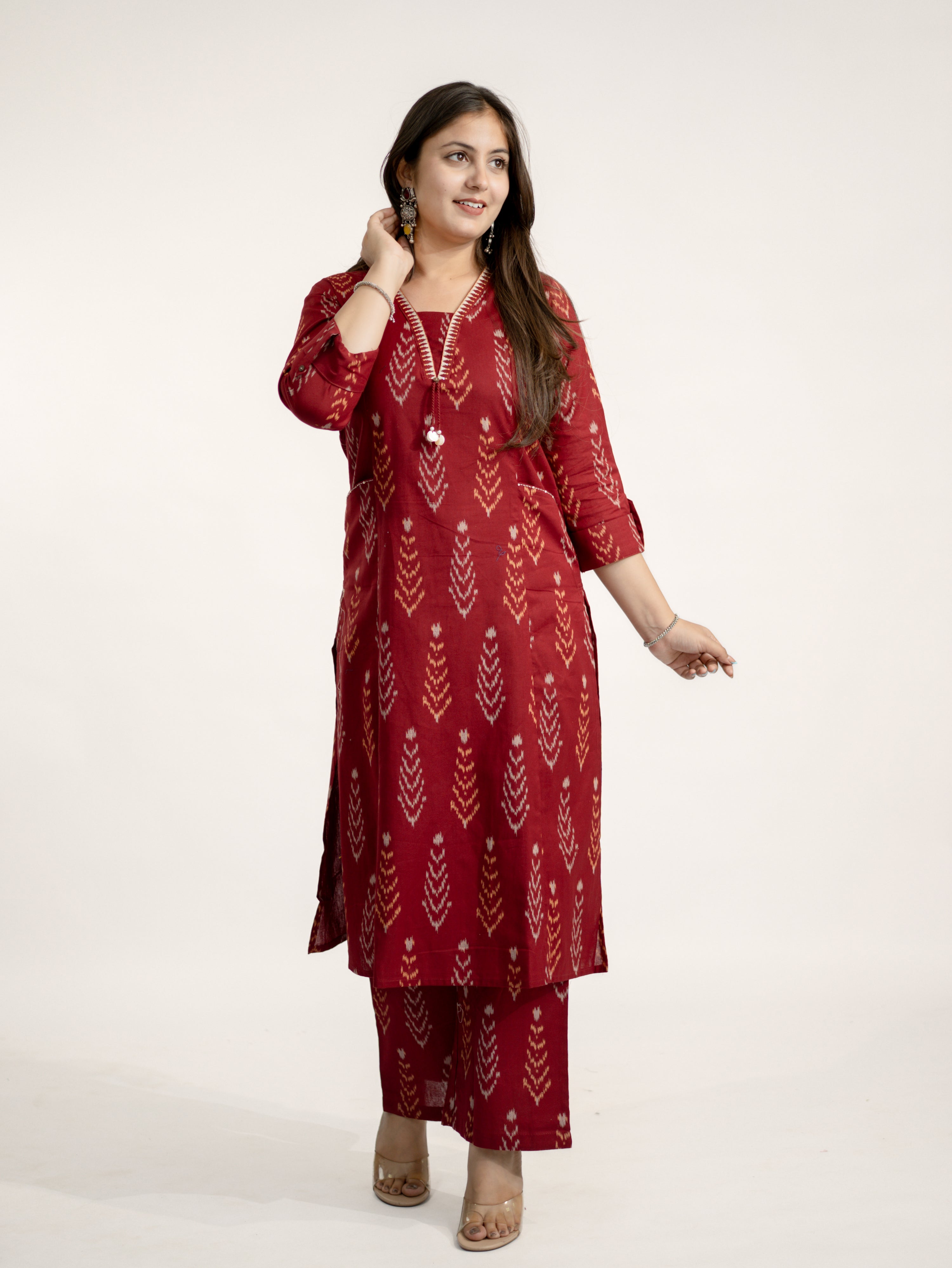 Marya Red Cotton Ikkat Straight Kurta Set