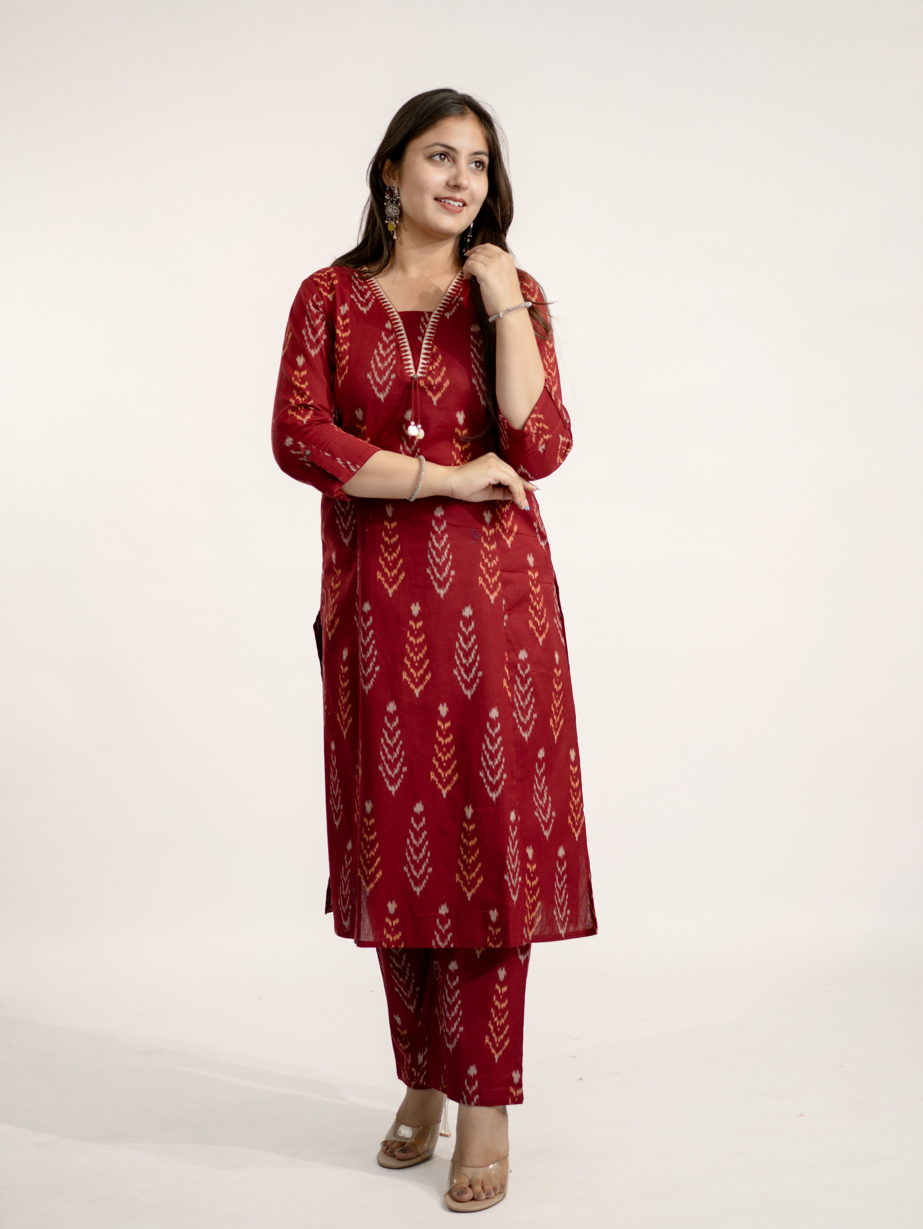Marya Red Cotton Ikkat Straight Kurta Set