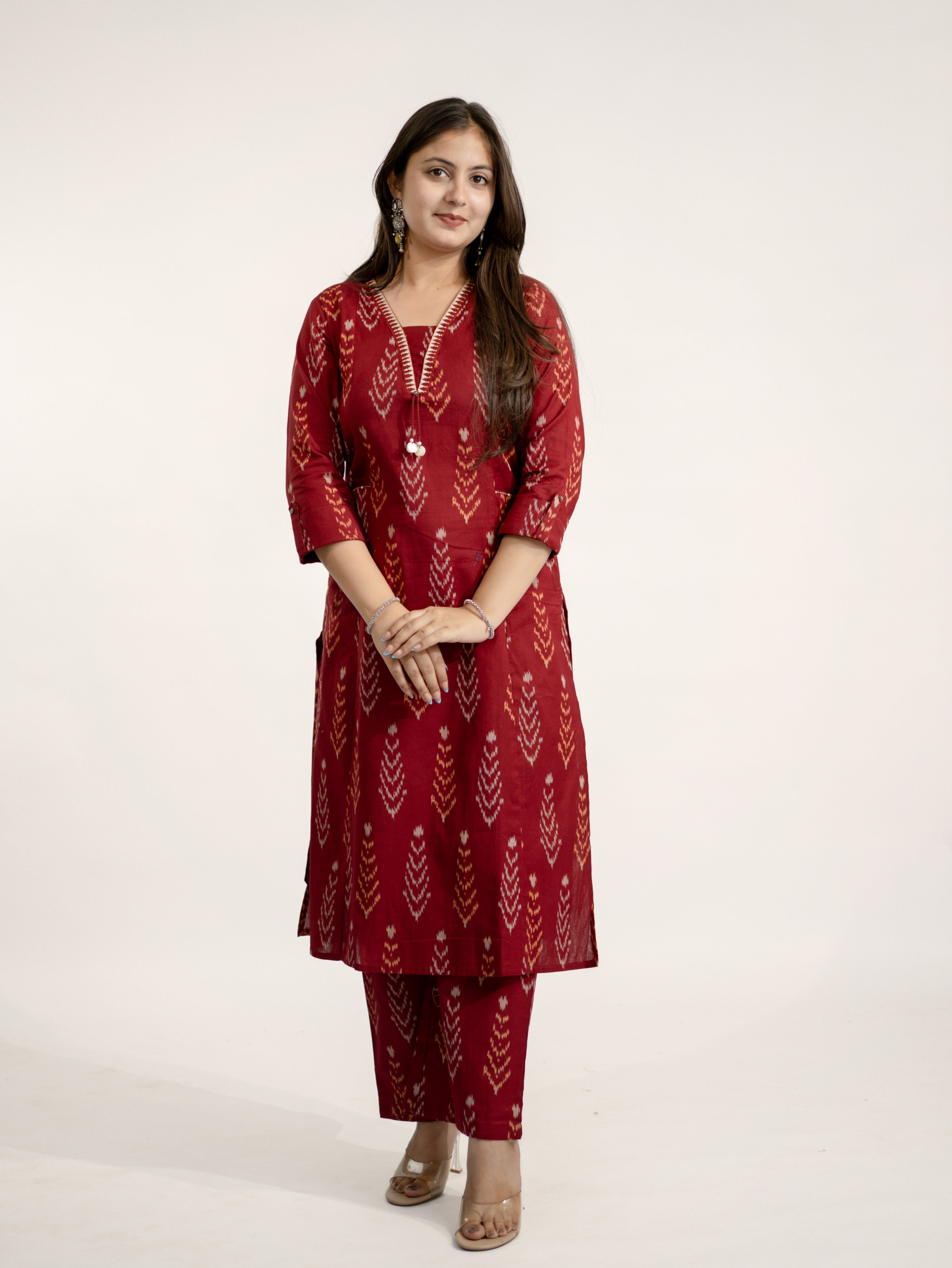Marya Red Cotton Ikkat Straight Kurta Set