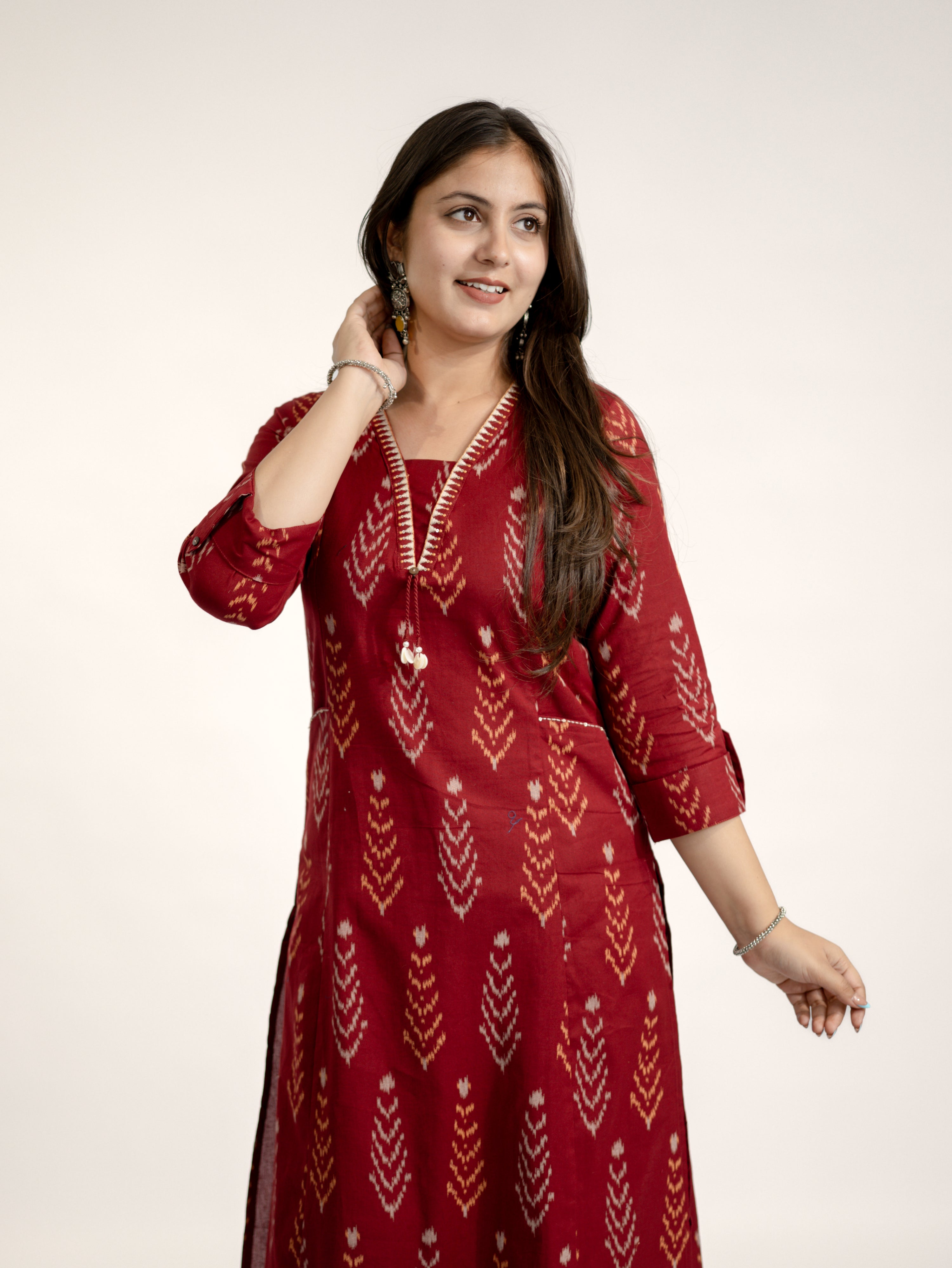 Marya Red Cotton Ikkat Straight Kurta Set